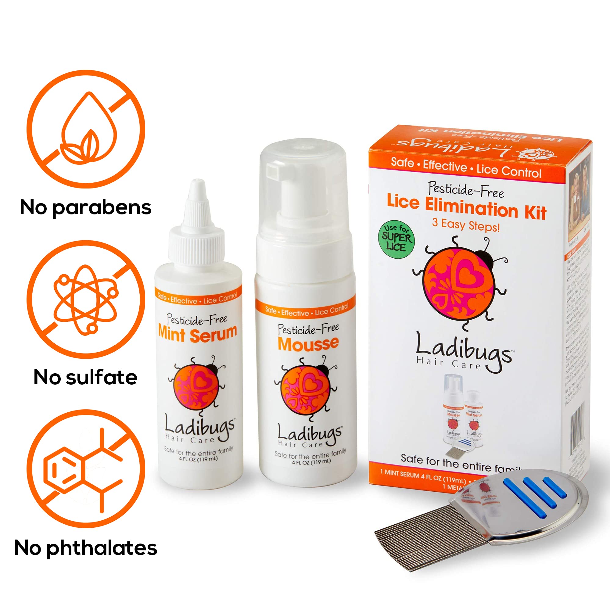 LADIBUGS One and Done Lice Treatment Kit - 3-Step Elimination - Comb, Mousse, Serum | Natural & Effective Head Lice & Nit Fix |