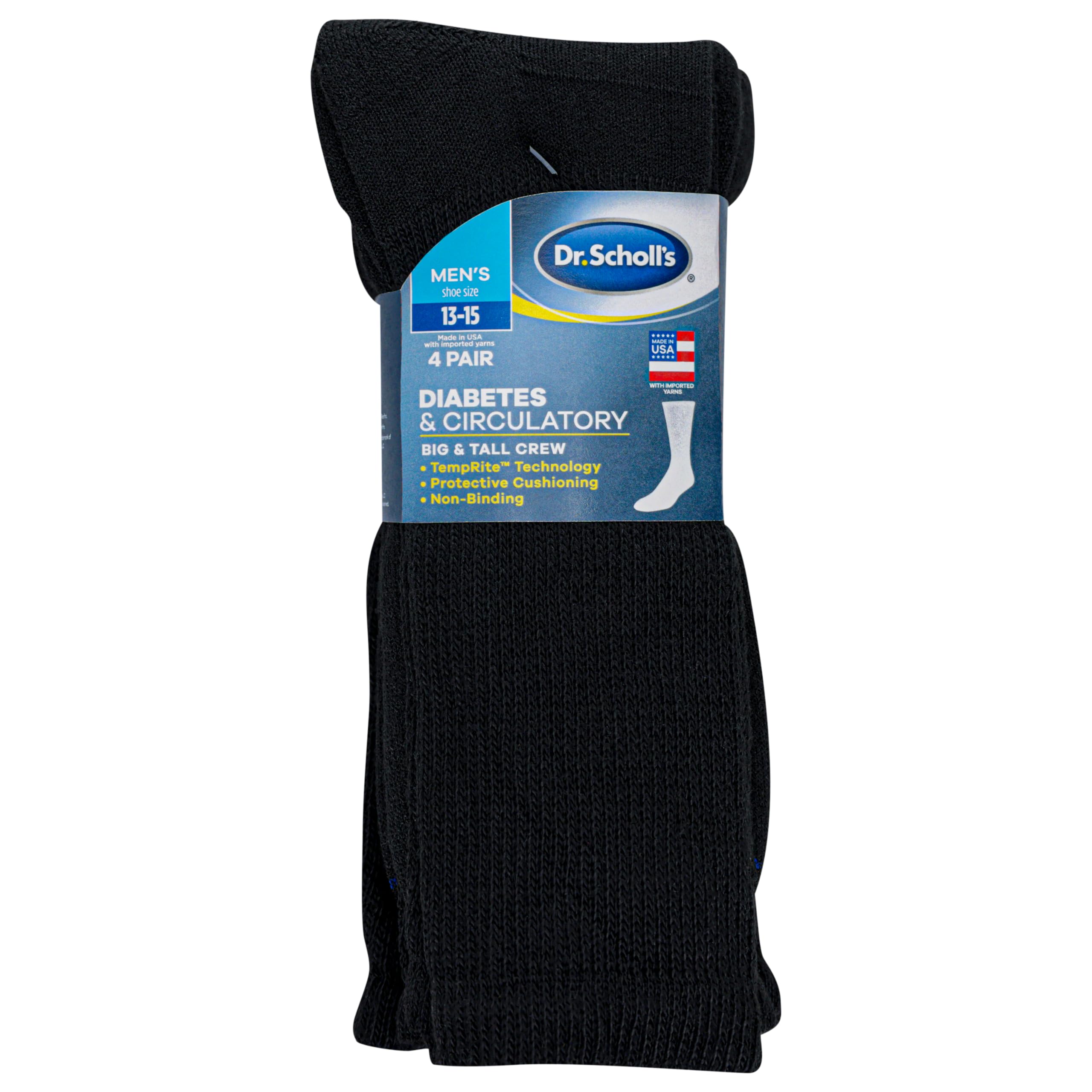 Dr. Scholl's Men's 4 Pack Diabetic and Circulatory Non-binding Crew Casual Sock, Black, Shoe Size 13-15 US