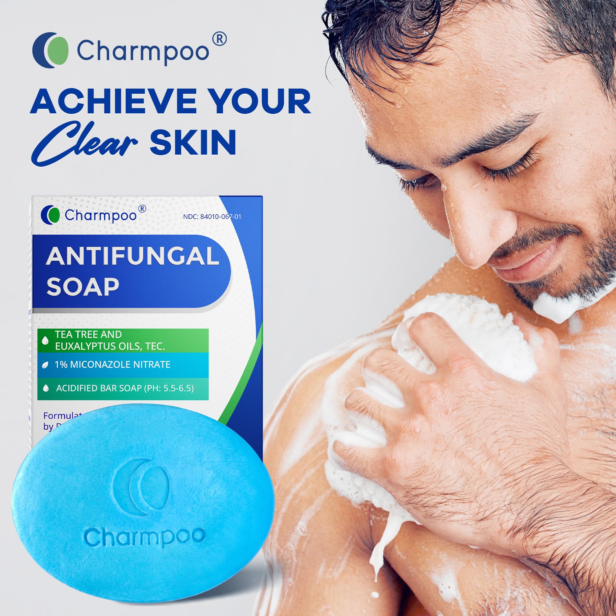 CHARMPOO Antifungal Soap Bar for Itchy Skin: Helps Relieve Athletes Foot & Fungal Discomfort - Moisturizing pH-Balanced Gentle o