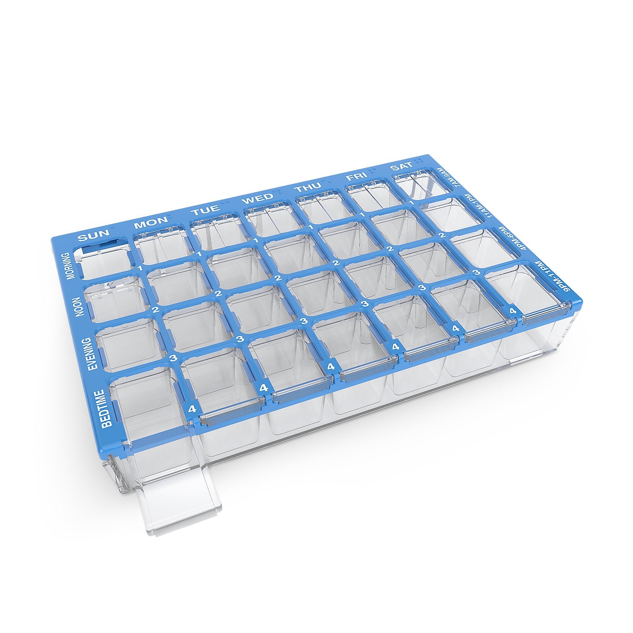 EZY DOSE Weekly (7-Day) Pill Organizer, Vitamin and Medicine Box, Medium Compartments with Easy Fill Tray, 4 Times a Day, Clear 