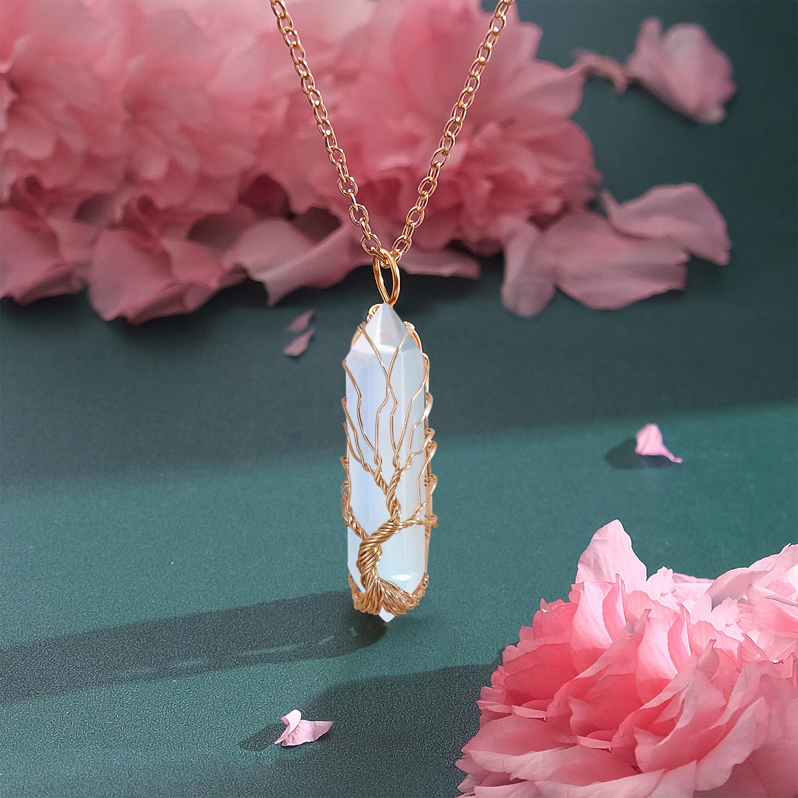 VIBILIA Healing Crystal Necklace Tree of Life Wire Wrapped Opal Stone Point Pendant Necklace Hexagonal Reiki Spiritual Quartz Ge