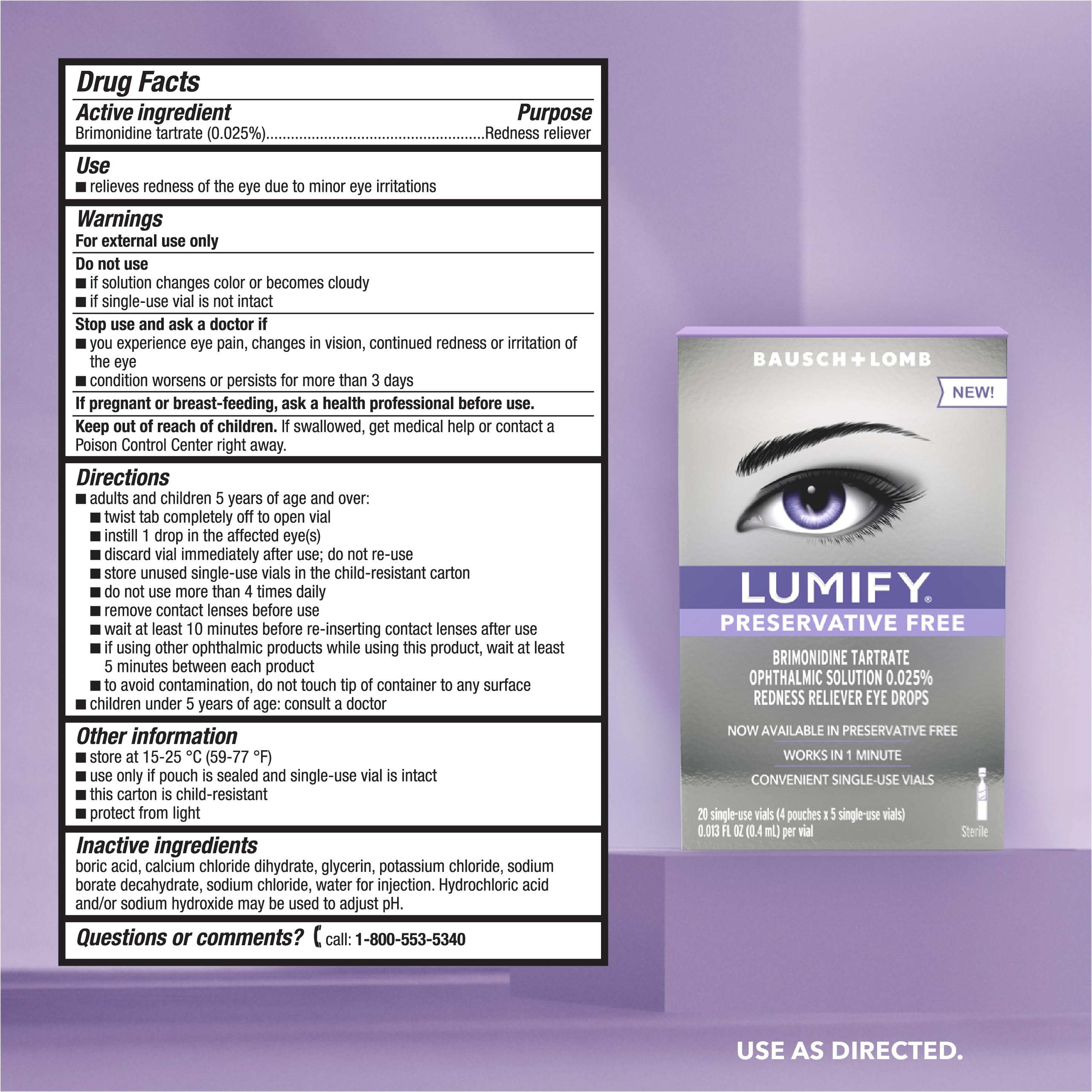 LUMIFY Preservative Free Redness Reliever Eye Drops, 20 Single Use Vials, Fast Acting, Only PF Drop for Whiter & Brighter Lookin