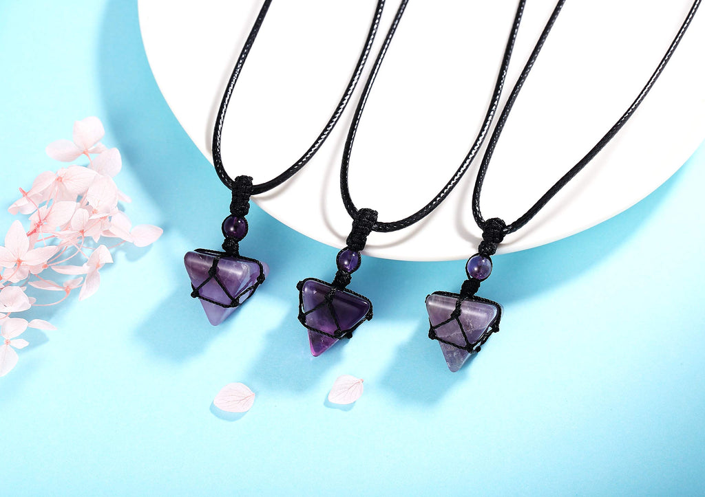 XIANNVXI Amethyst Healing Crystal Stone Necklace Pyramid Gemstone Pendant Necklaces Adjustable Rope Natural Reiki Quartz Jewelry