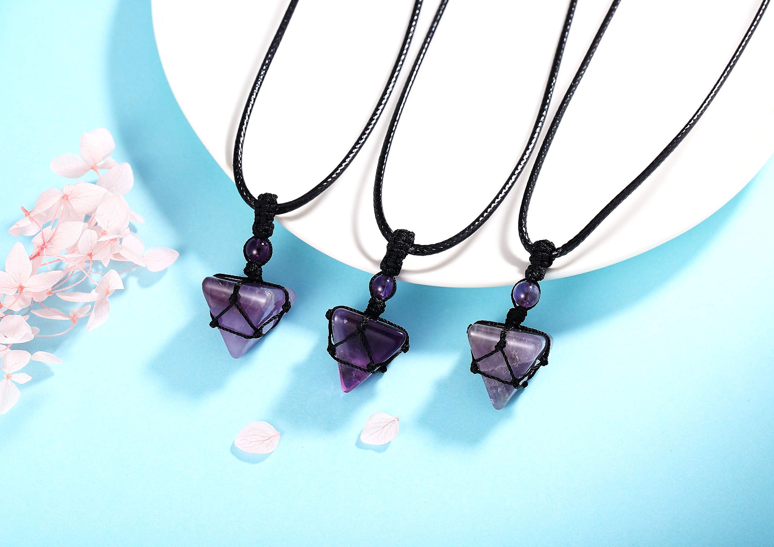 XIANNVXI Amethyst Healing Crystal Stone Necklace Pyramid Gemstone Pendant Necklaces Adjustable Rope Natural Reiki Quartz Jewelry