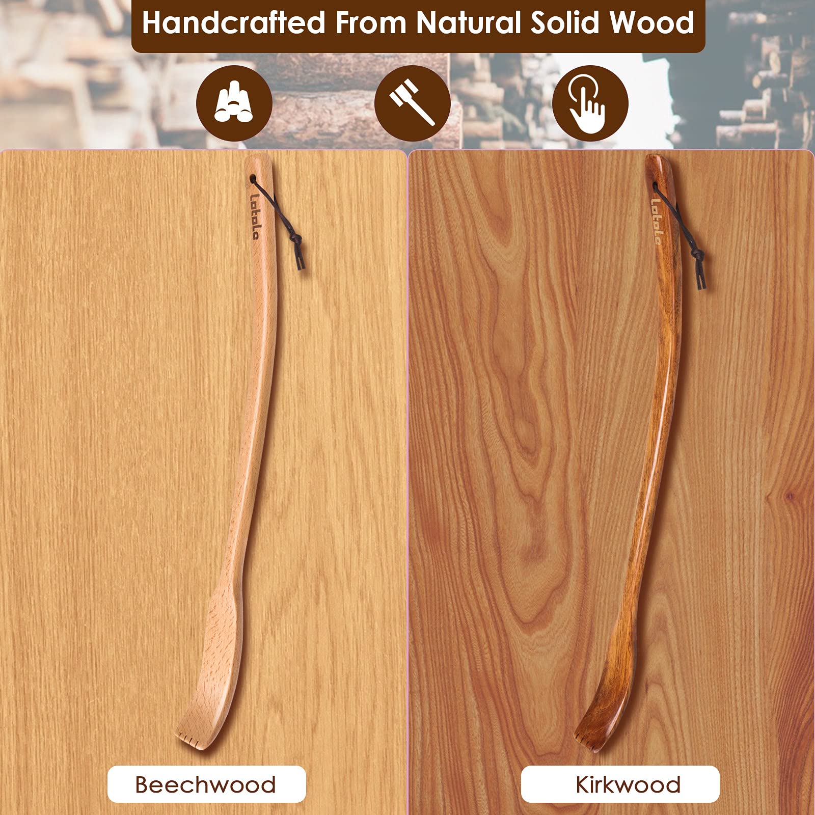 LotoLe Wooden Back Scratcher, Ergonomic Oversized Curved Long Handle Wood Back Scratcher for Men Women Adults - 16.5   , 2 Color