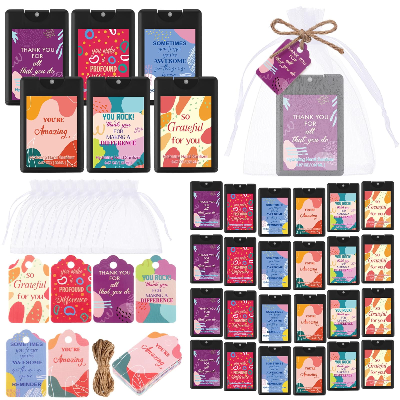 Frienda 24 Set Mini Hand Sanitizer Spray Bulk Christmas Thank You Hand Sanitizer Travel Size with Appreciation Cards Gift Bags P