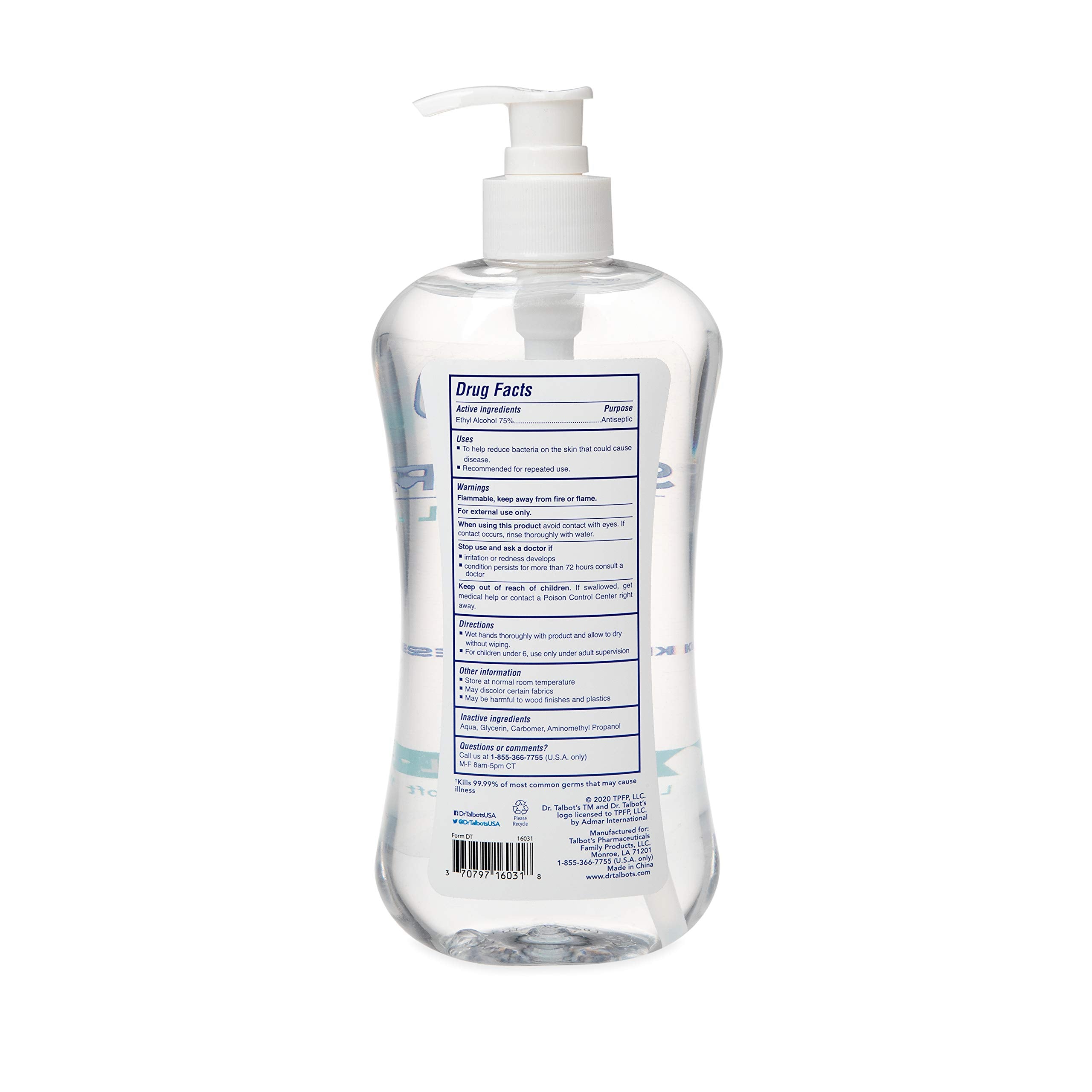 Dr. Talbots Refreshing Gel Hand Sanitizer With Easy Pump, Fragrance Free, 16.9 Fl Oz