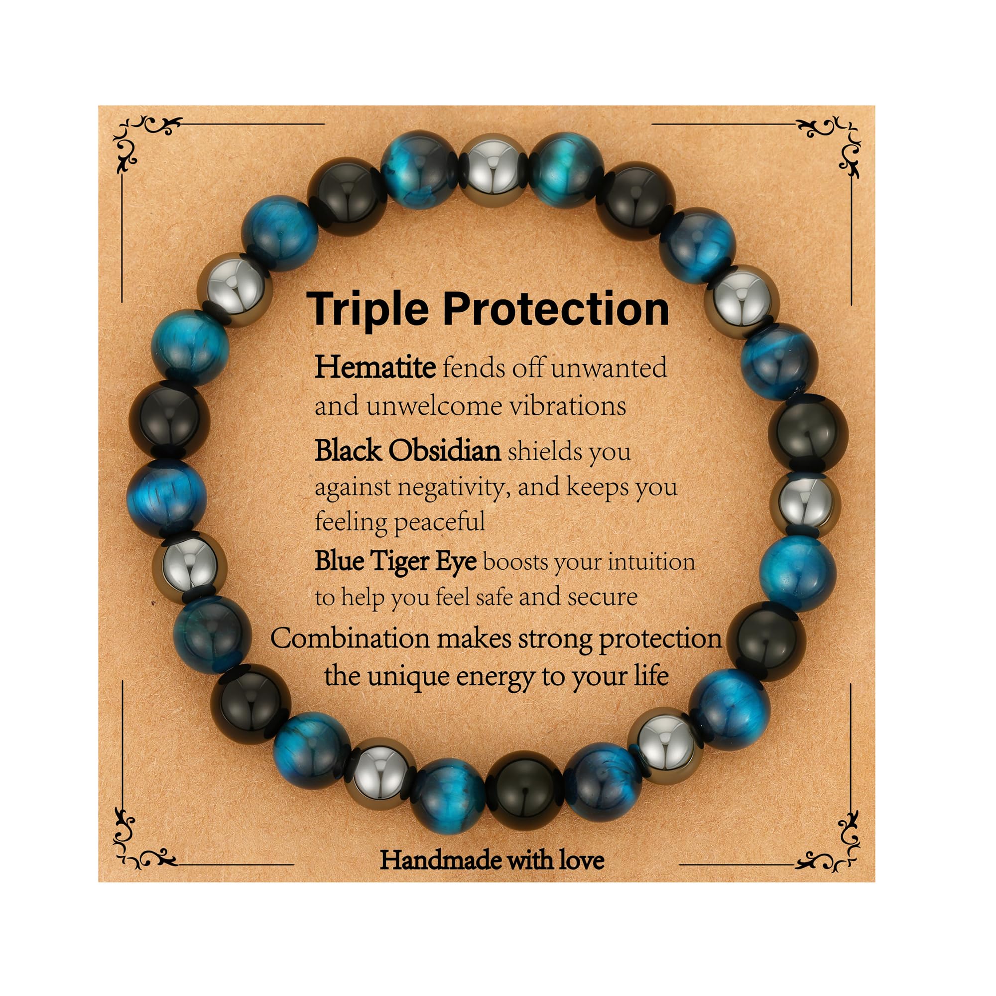 Gnamy Triple Protection Beaded Bracelet for Men, Blue Tiger Eye Hematite Bracelets Black Obsidian Bracelets Birthday Anniversary