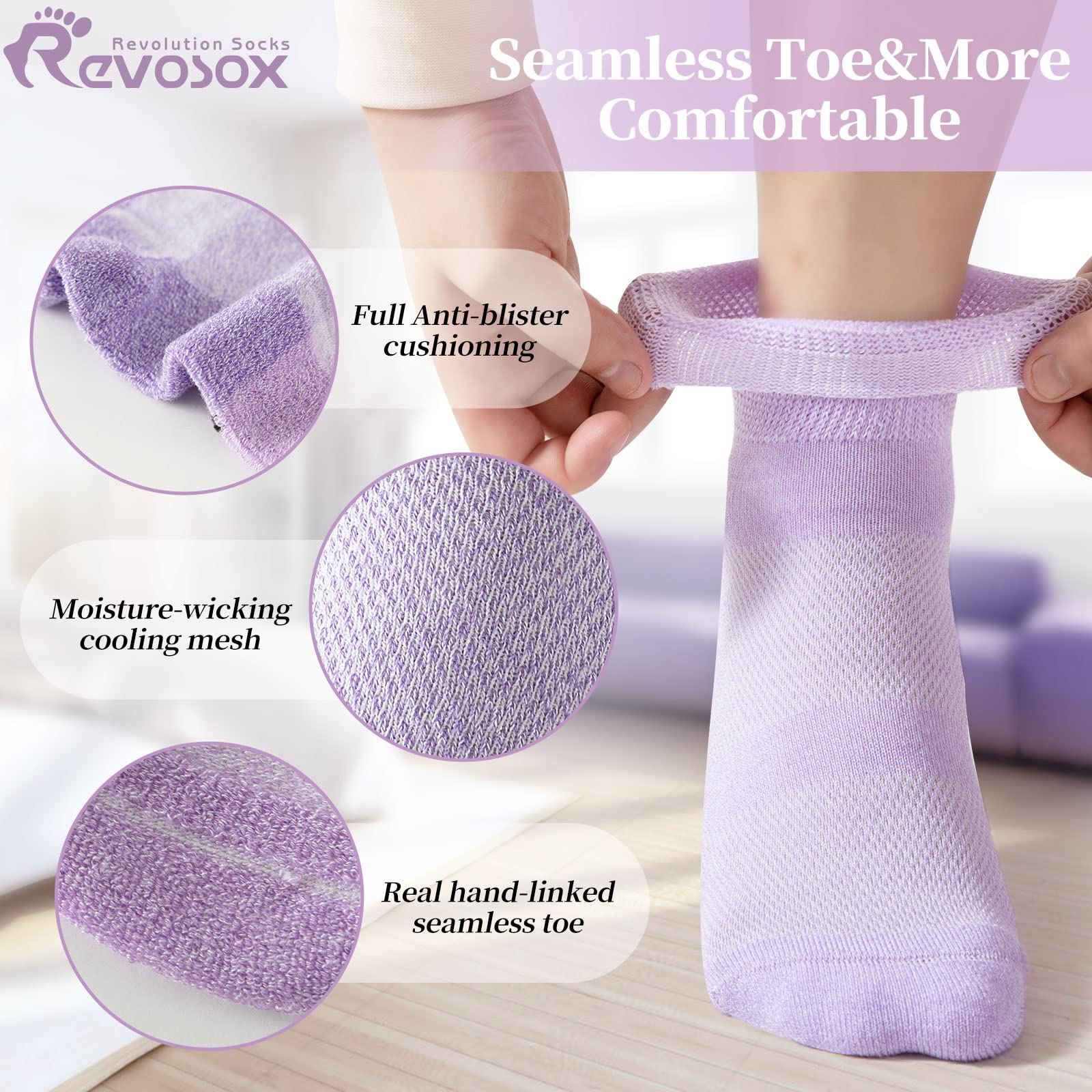 Revosoxs Diabetic Socks for Women Men,5 Pairs Bamboo Viscose Non Binding Diabetic Ankle Wide Seamless Socks 6-9 9-12(Black-Large