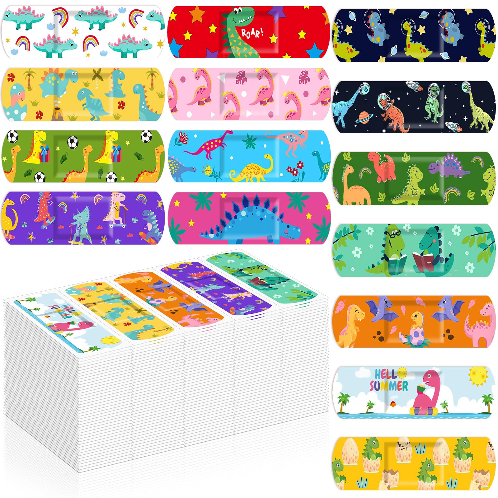Estune 75 Pcs Kids Bandages Bulk Dinosaur 15 Styles Fun Childrens Adhesive Colorful PE Flexible Cute Cartoon Dinosaur Bandages 