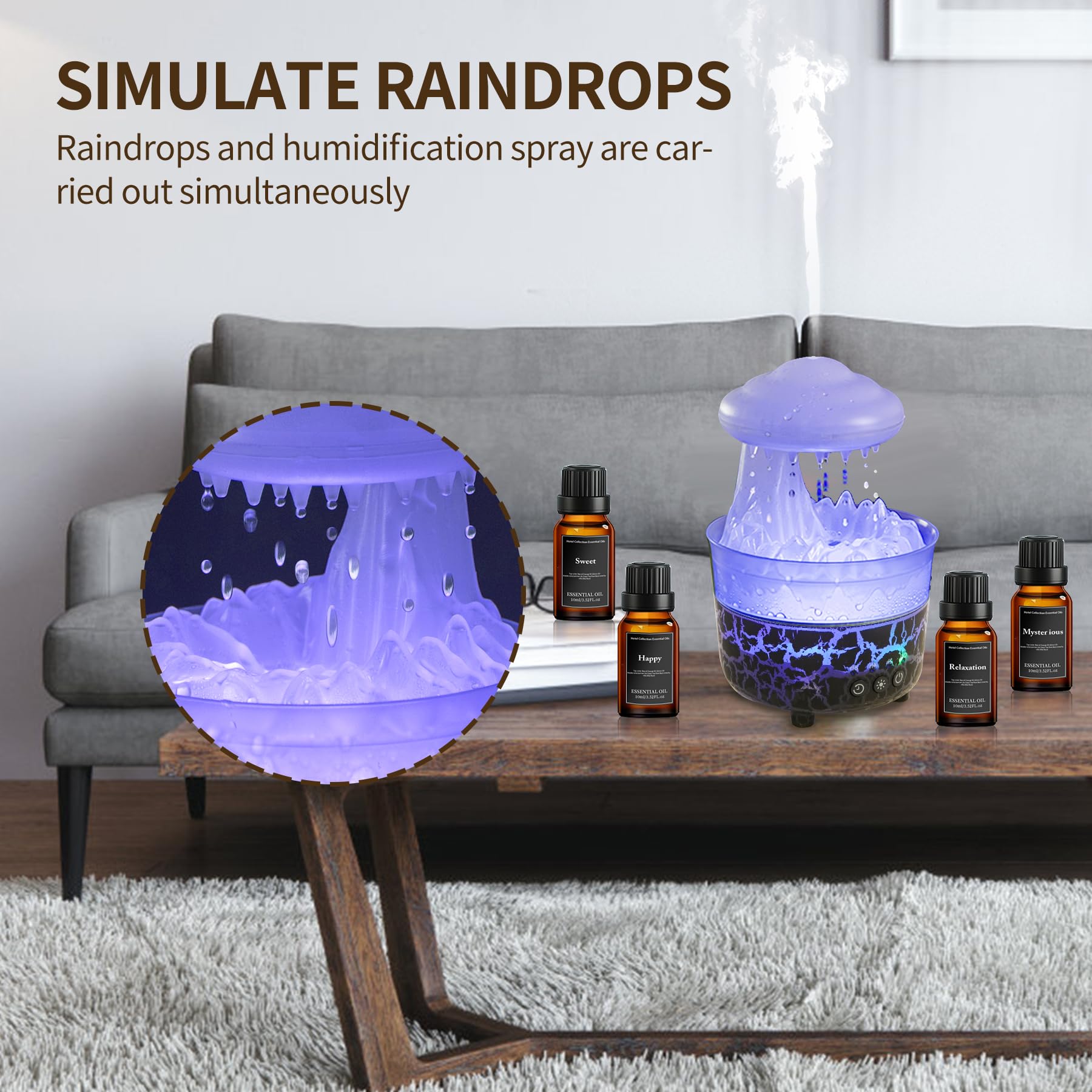 BOHOFAM Aroma Essential Oil Diffuser,Rain Cloud humidifier Simultaneously Water Drip and Air Mist,Rain Diffuser with 4 Hotel Col