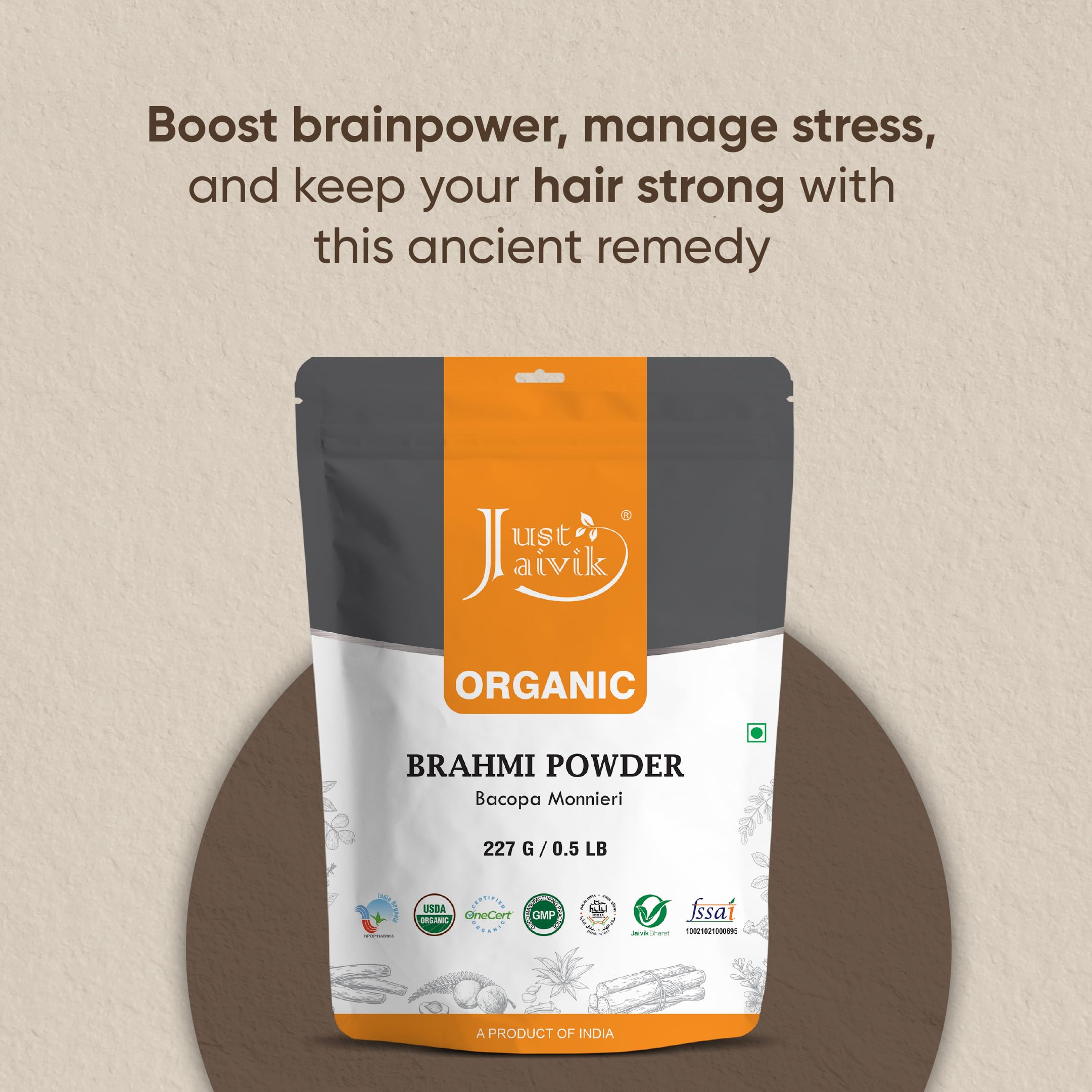 Just Jaivik 100% Organic Brahmi Powder Bacopa Monnieri- USDA Certified Organic, 227 GMS / 1/2 LB Pound / 08 Oz