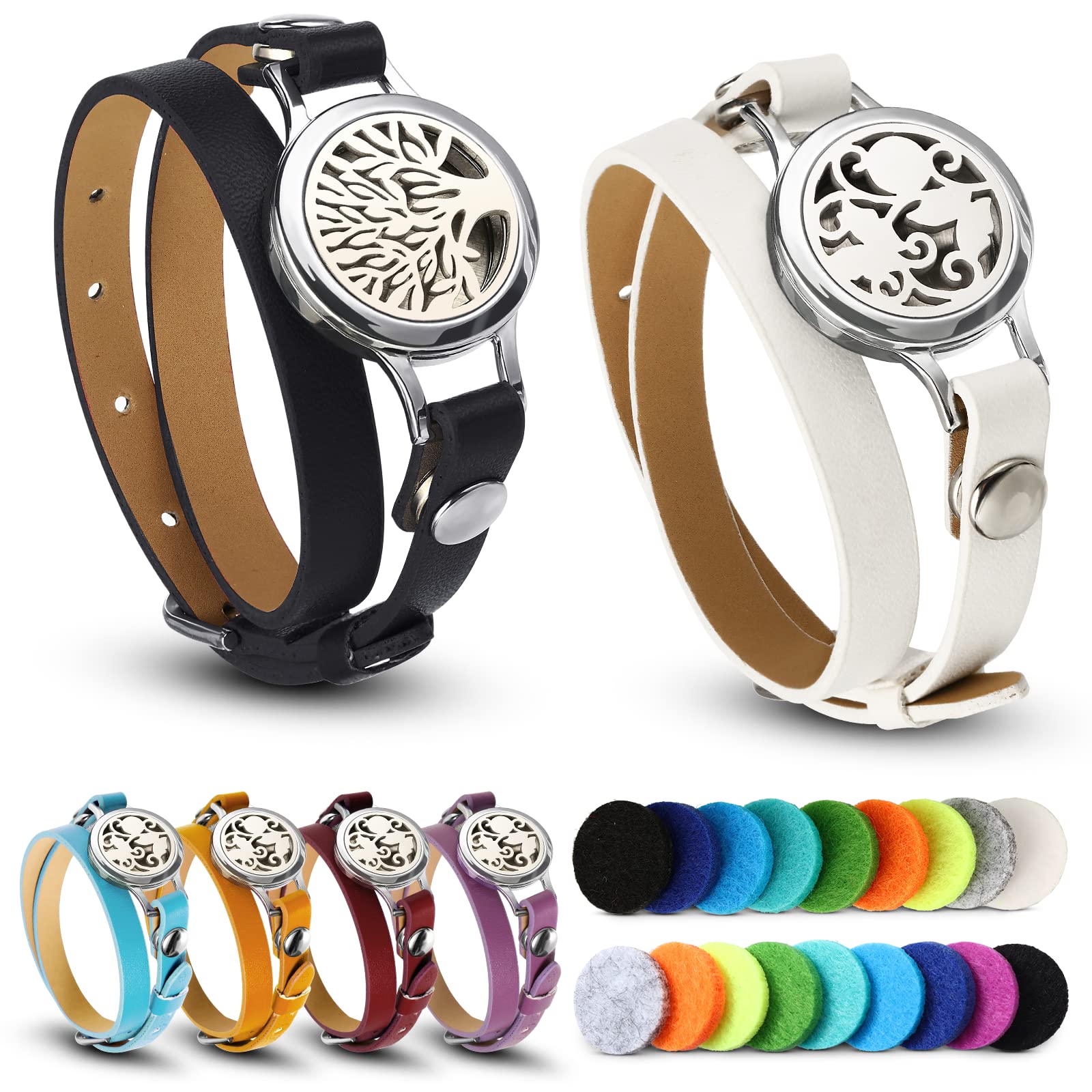 Bonuci 2 Pcs Essential Oil Diffuser Bracelet for Women Aromatherapy Fragrance Bracelet Locket Adjustable with 6 Replacement Leat