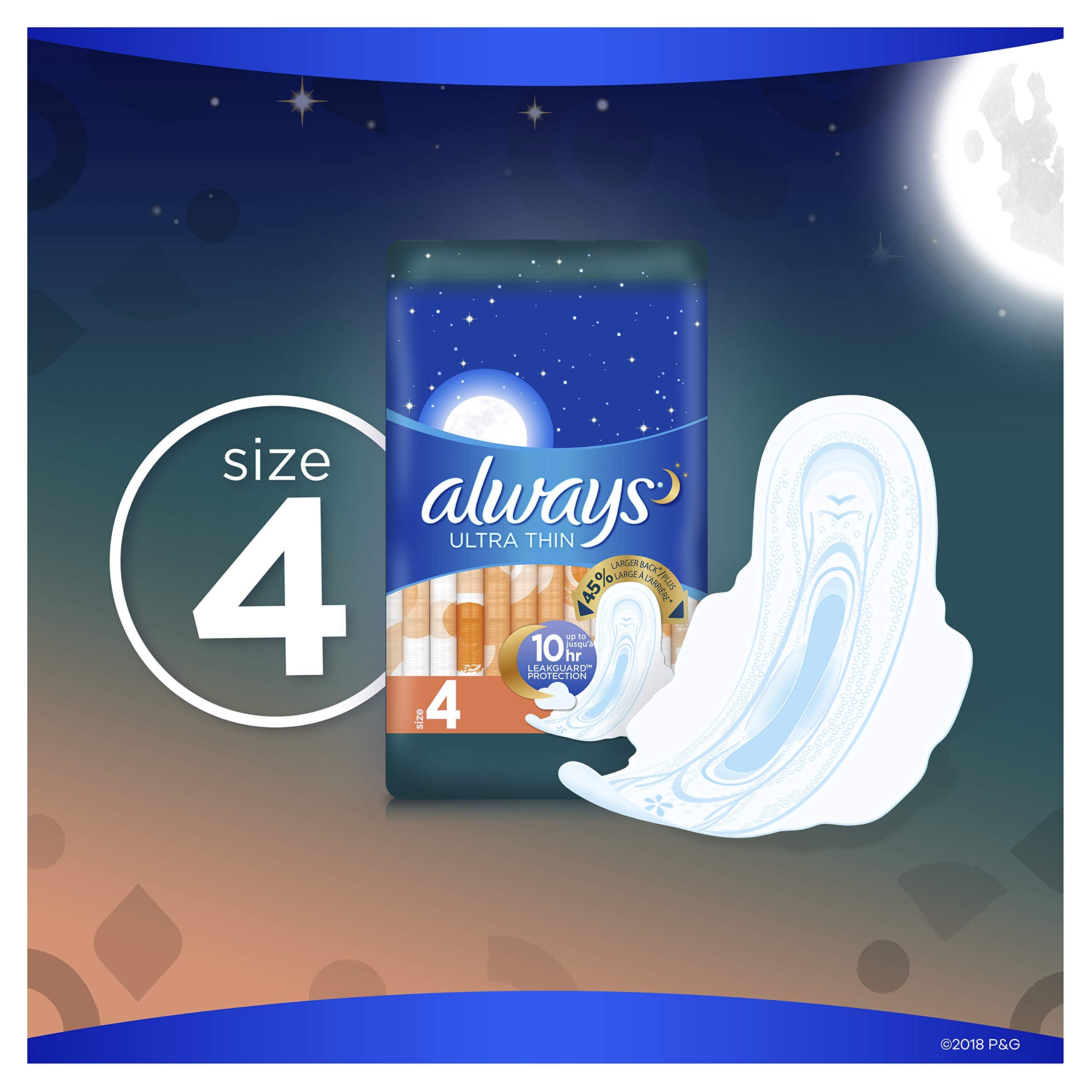 Always Ultra Thin Feminine Pads for Women with Wings, Size 4, Overnight Absorbency, Unscented, 28 Count (Pack of 1)