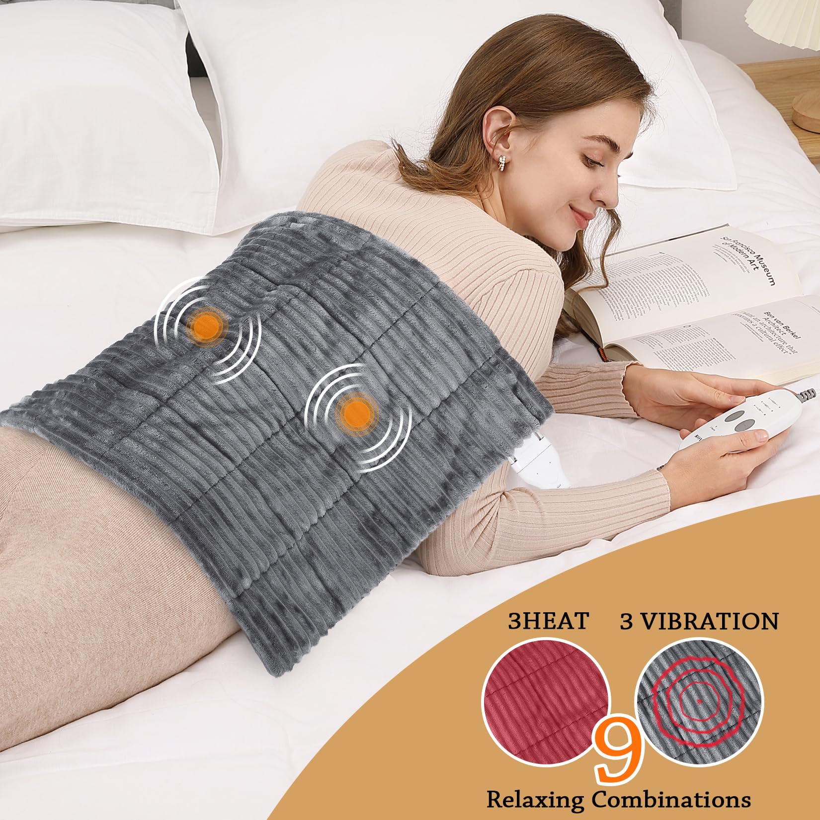 Weighted Heating Pad with Massager Electric Heating Pad for Back with Massaging Vibration, 3 Heating Levels & 3 Massage Types, X