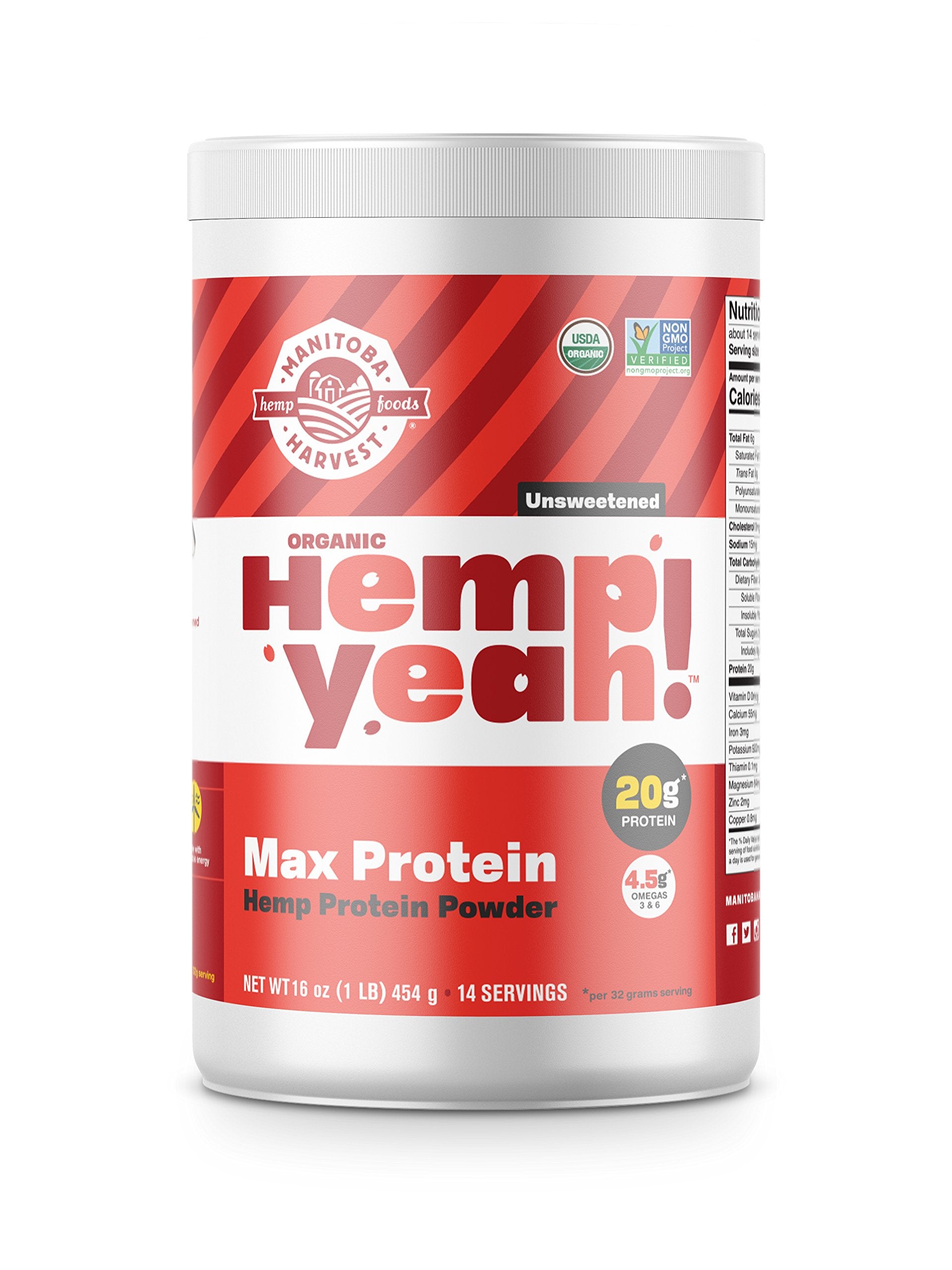 Manitoba Harvest Hemp Yeah! Organic Max Protein Powder, Unsweetened, 16oz; with 20g protein and 4.5g Omegas 3&6 per Serving, Ket