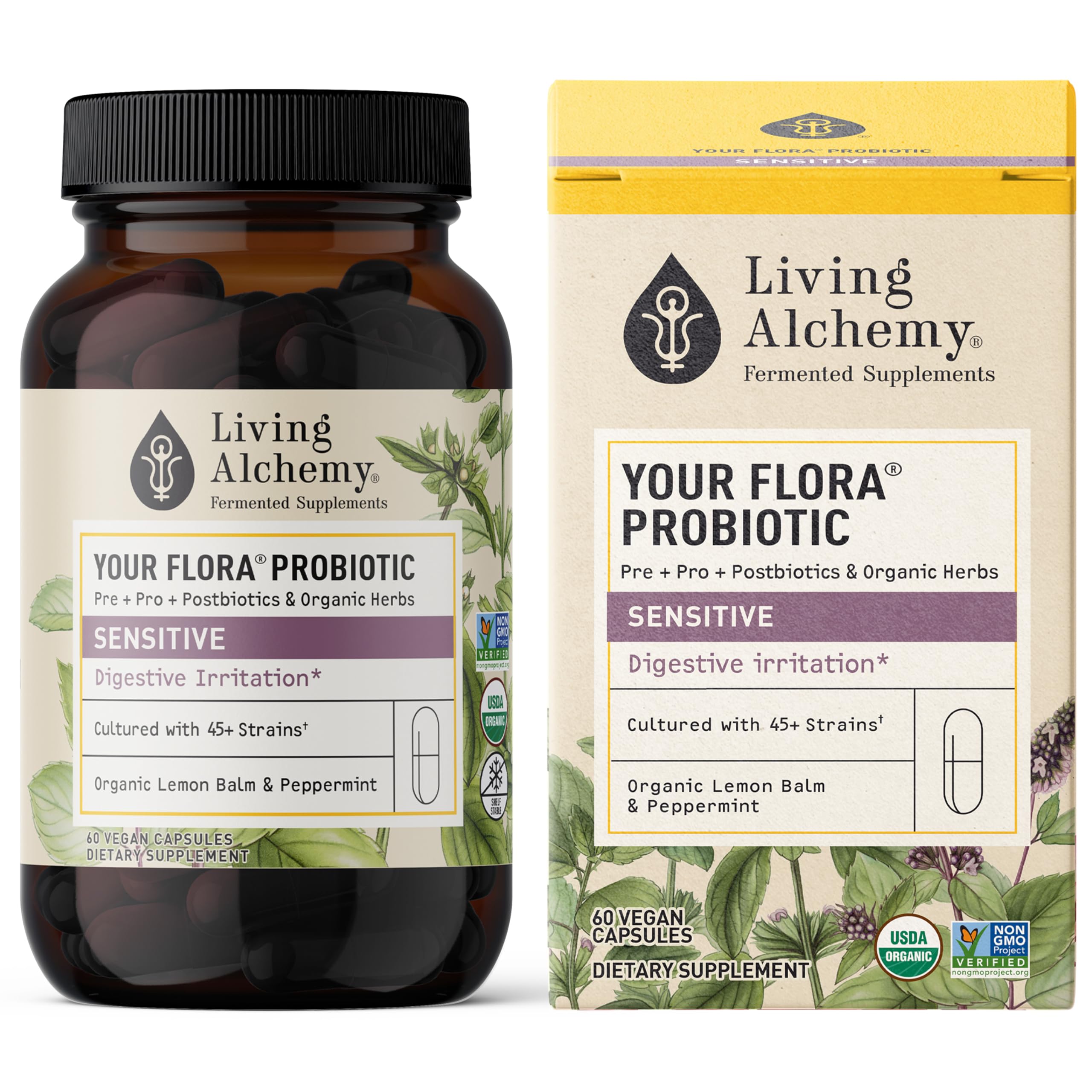 Gut Health Supplements - Your Flora Probiotic Sensitive with Fermented Soybean, Lemon Balm, Peppermint, & Prebiotics - Cleanse D