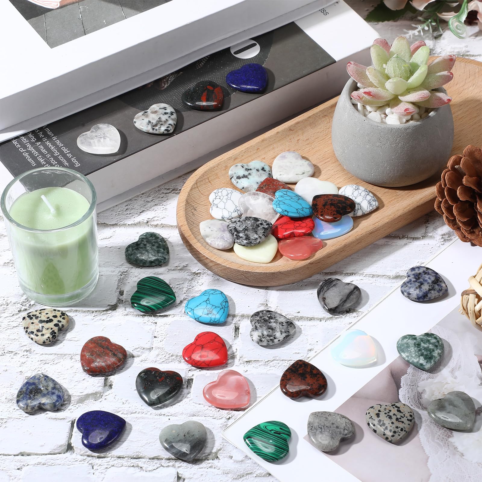 Nuenen 40 Pcs 1 Inch Heart Stone Bulk Valentines Gifts Heart Shaped Rock Worry Stone Tiny Trinkets Healing Crystal Gemstone Love