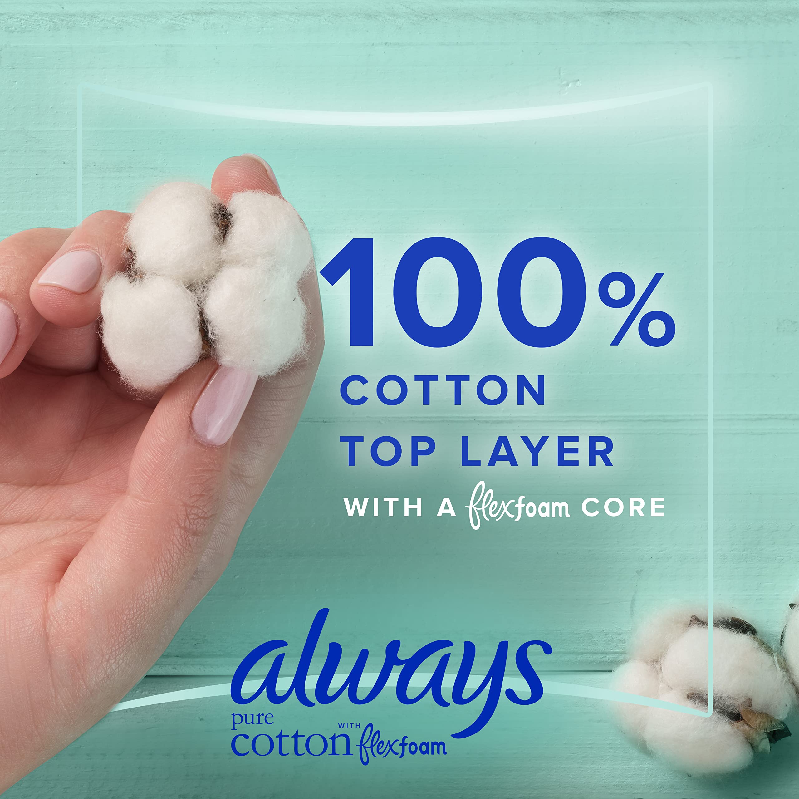 Always Pure Cotton, Feminine Pads for Women, Size 4 Overnight Absorbency, Multipack, with Flexfoam, with Wings, Unscented, 20 Co
