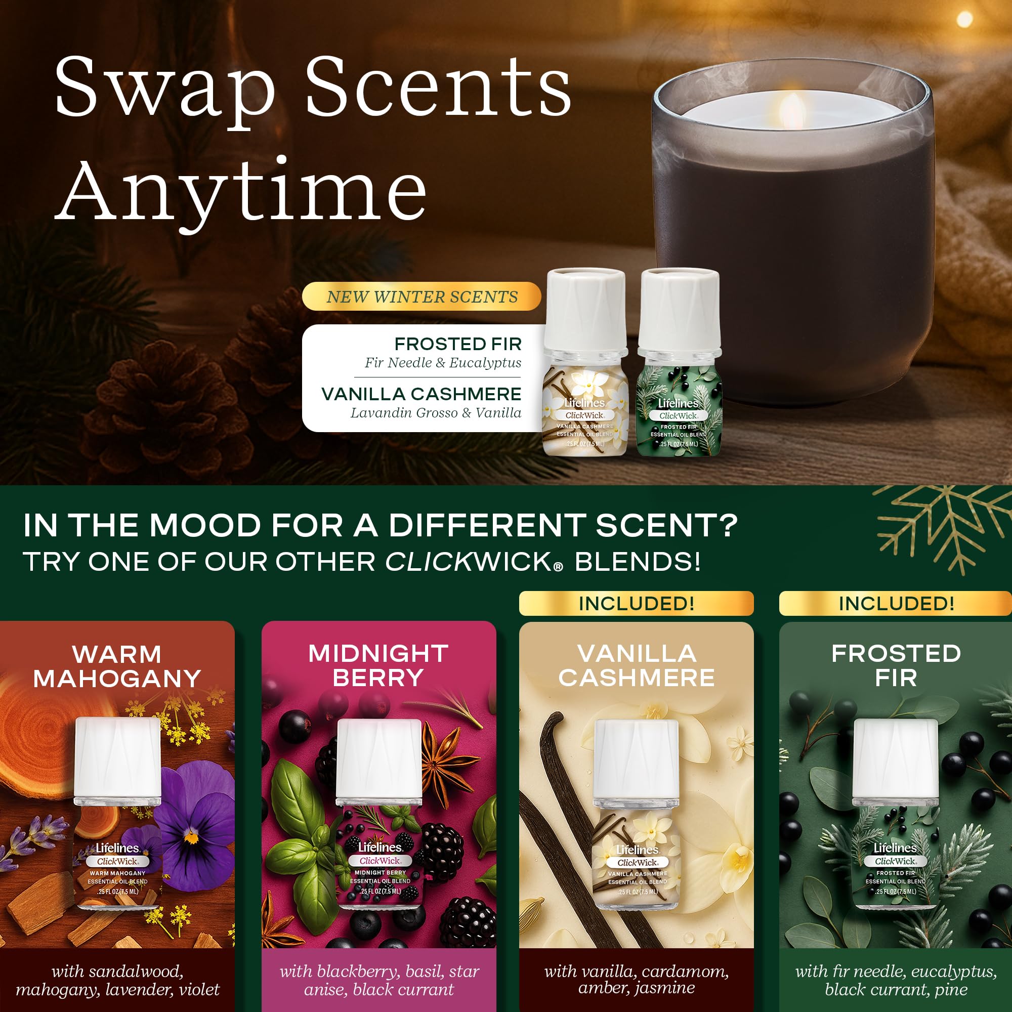 Lifelines Flameless Candle Diffuser - Winter Edition Gift Set - Aromatherapy Essential Oil Diffuser with 2 Holiday ClickWick Ble