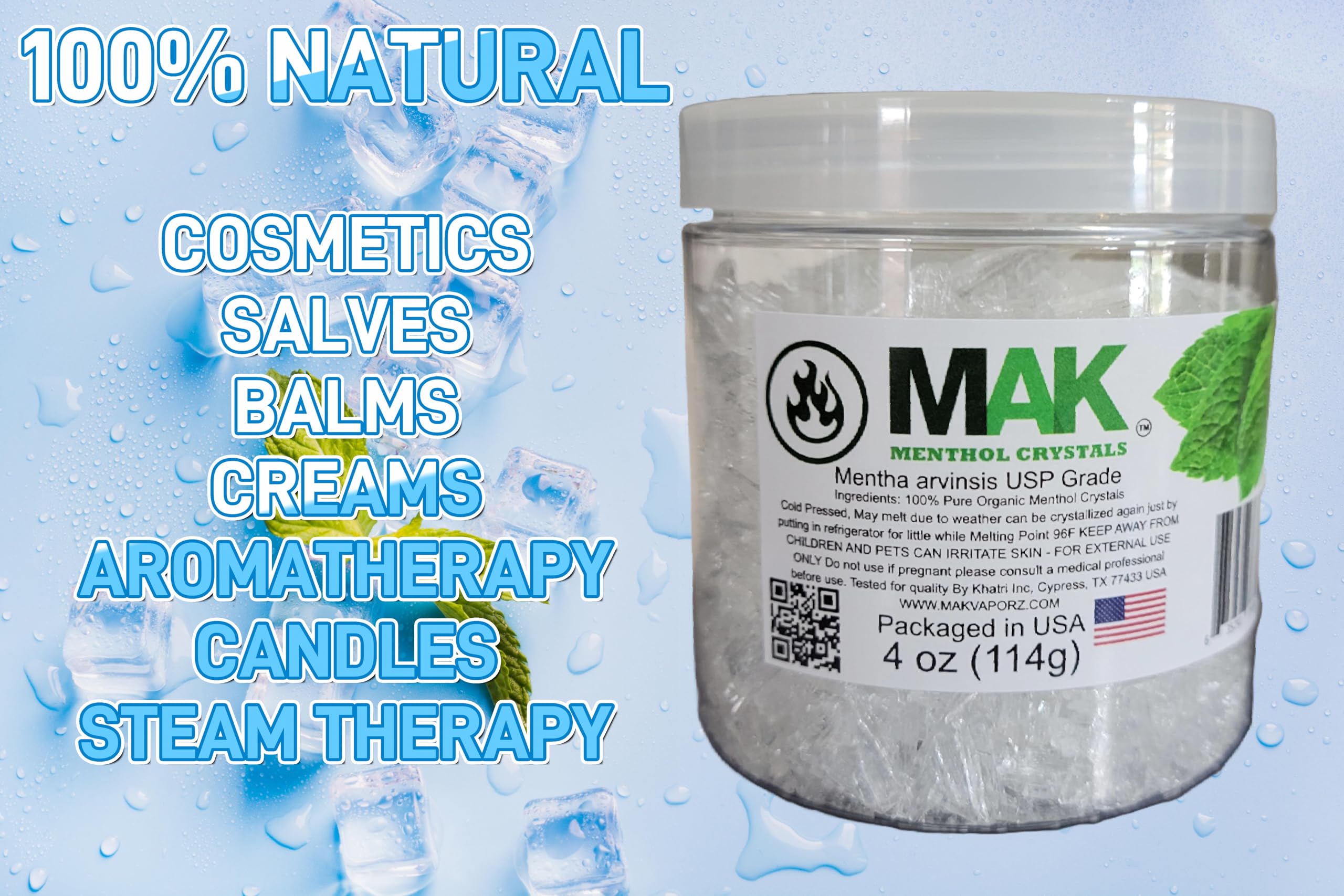 Mak Menthol Crystals 4 oz - Pure Organic 100% Natural - Menthol Crystals from Mint Crystal Mints Mentha Arvensis - Comes in a Ja