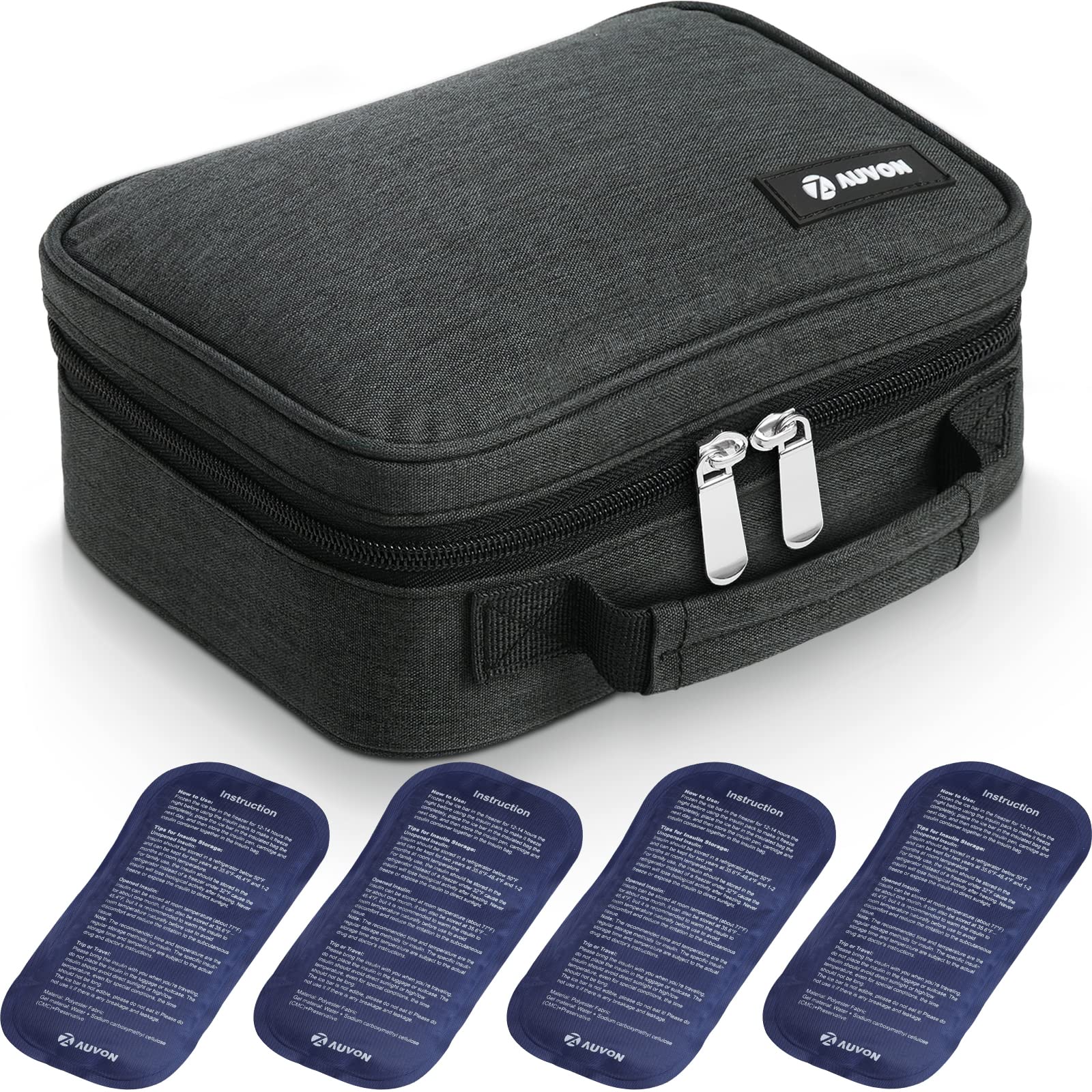 AUVON Large Insulin Cooler Travel Case, Longer Cooling Effect with 4 * 160g Ice Packs, Compact Medication Cooler Bag for 8 Insul