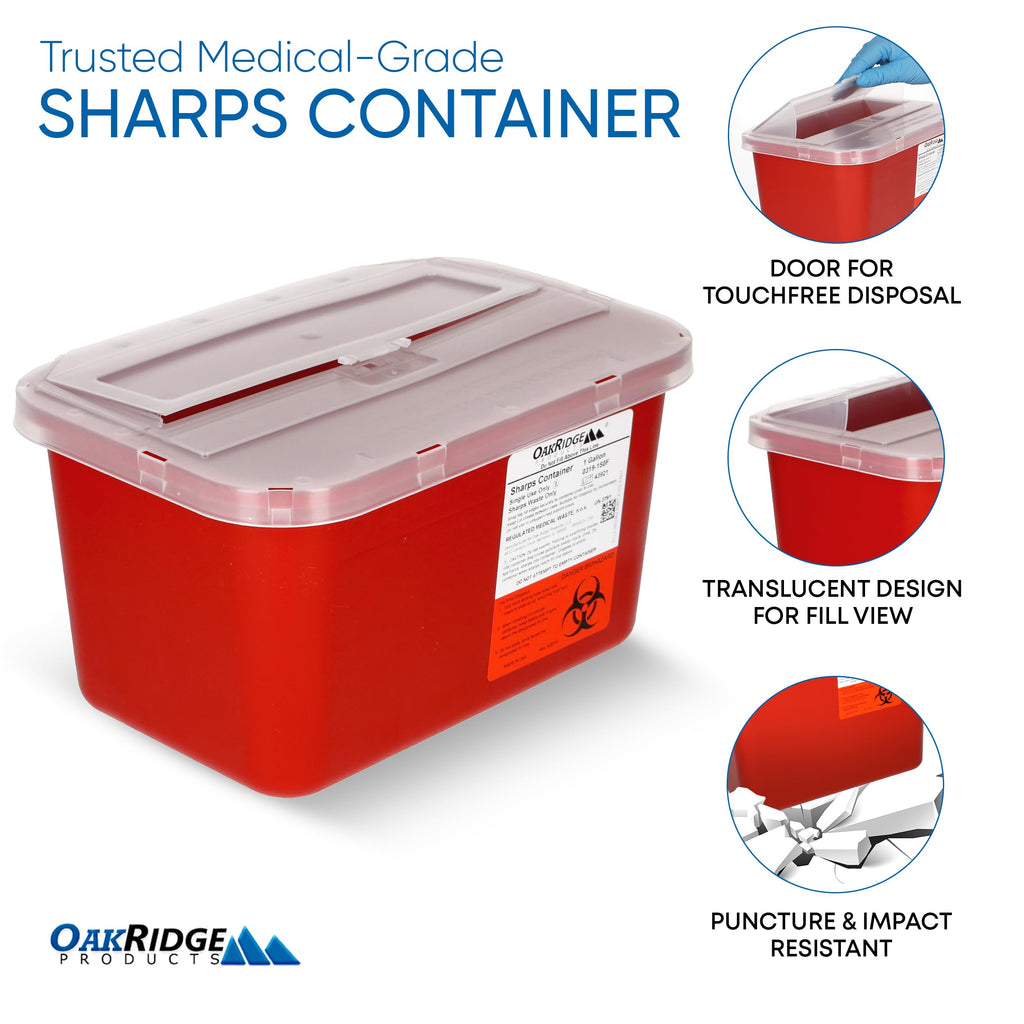 Oakridge Products Large Sharps Container for Home Use and Professional 1 Gallon (3-Pack), Biohazard Needle and Syringe Disposal,