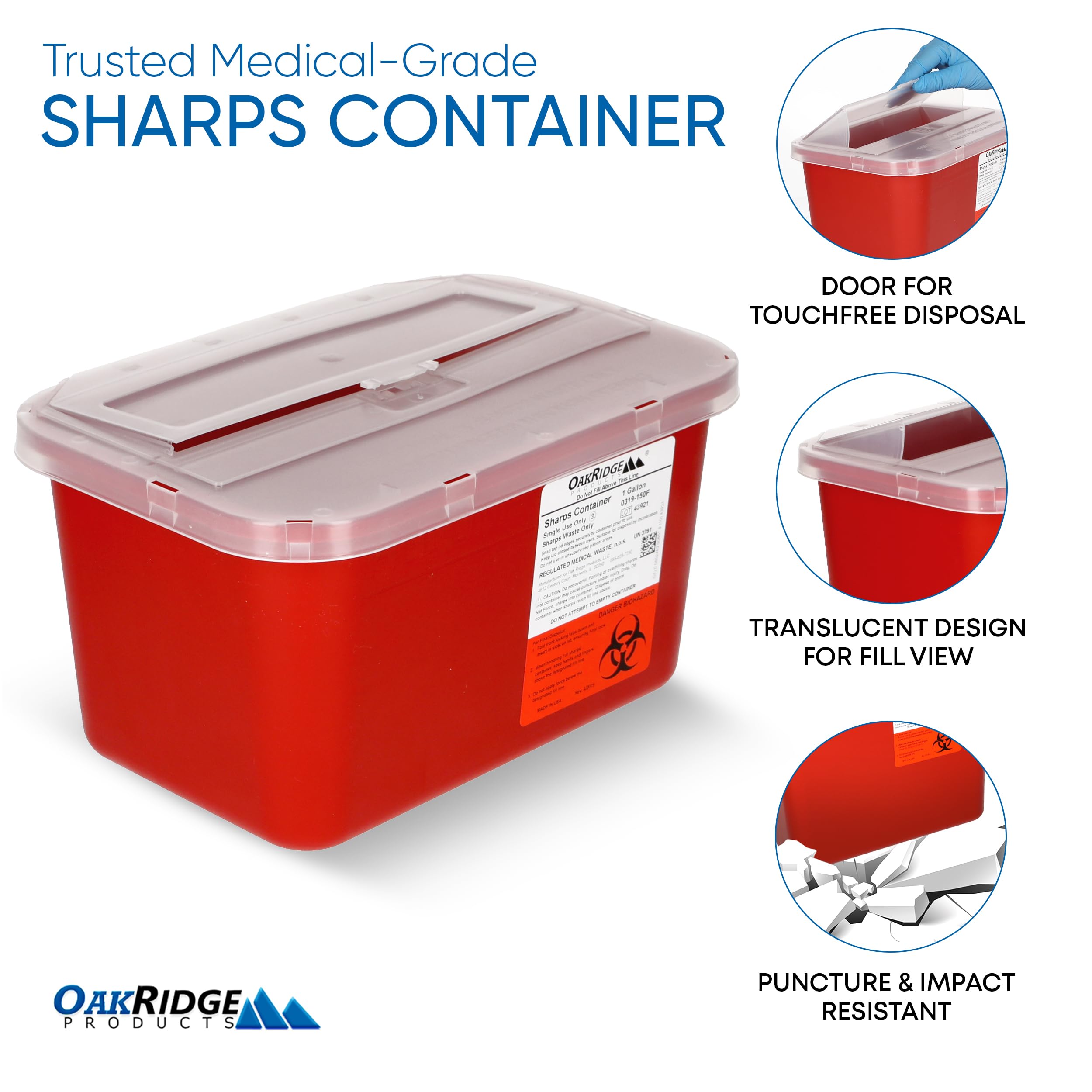 Oakridge Products Large Sharps Container for Home Use and Professional 1 Gallon (3-Pack), Biohazard Needle and Syringe Disposal,