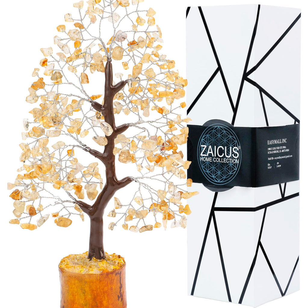 Citrine Stones and Crystal - Healing Chakra Bonsai Tree for Table Decoration Good Luck Charm Gem Stone Tree Chakra Balancing Yel