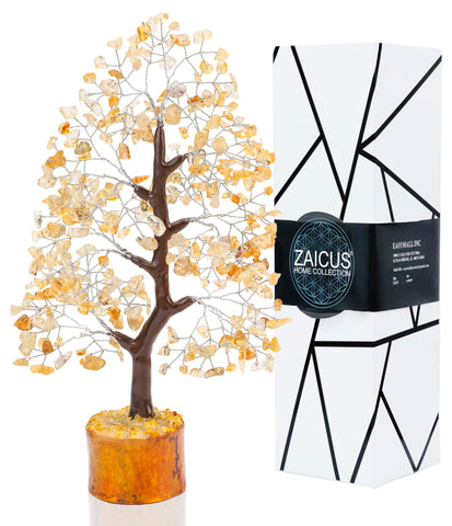 Citrine Stones and Crystal - Healing Chakra Bonsai Tree for Table Decoration Good Luck Charm Gem Stone Tree Chakra Balancing Yel