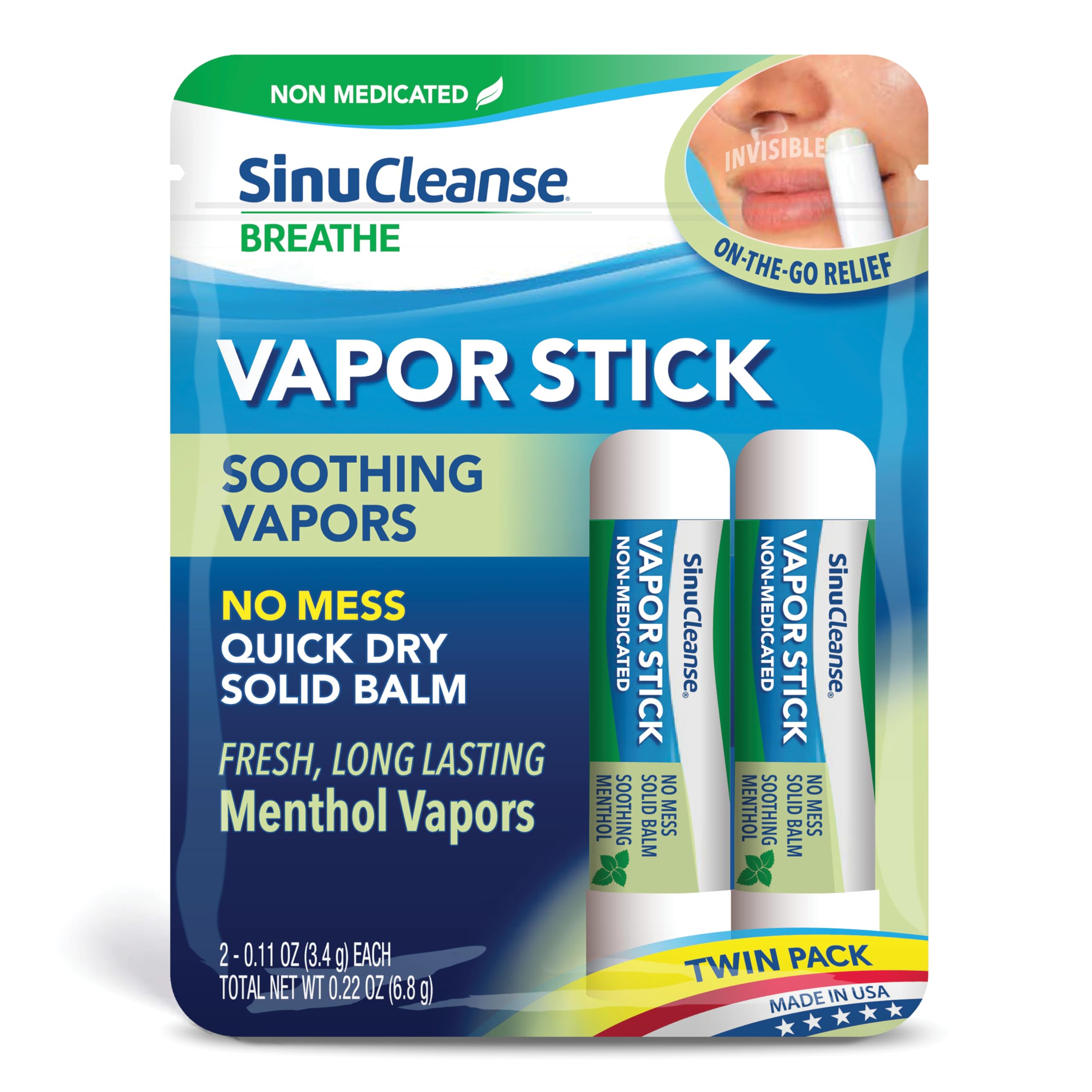 SinuCleanse Vapor Stick, Solid Balm - Portable, Non-Medicated, Soothing Vapors. No Mess, Quick Dry, Moisturizing Formula, 0.11 O