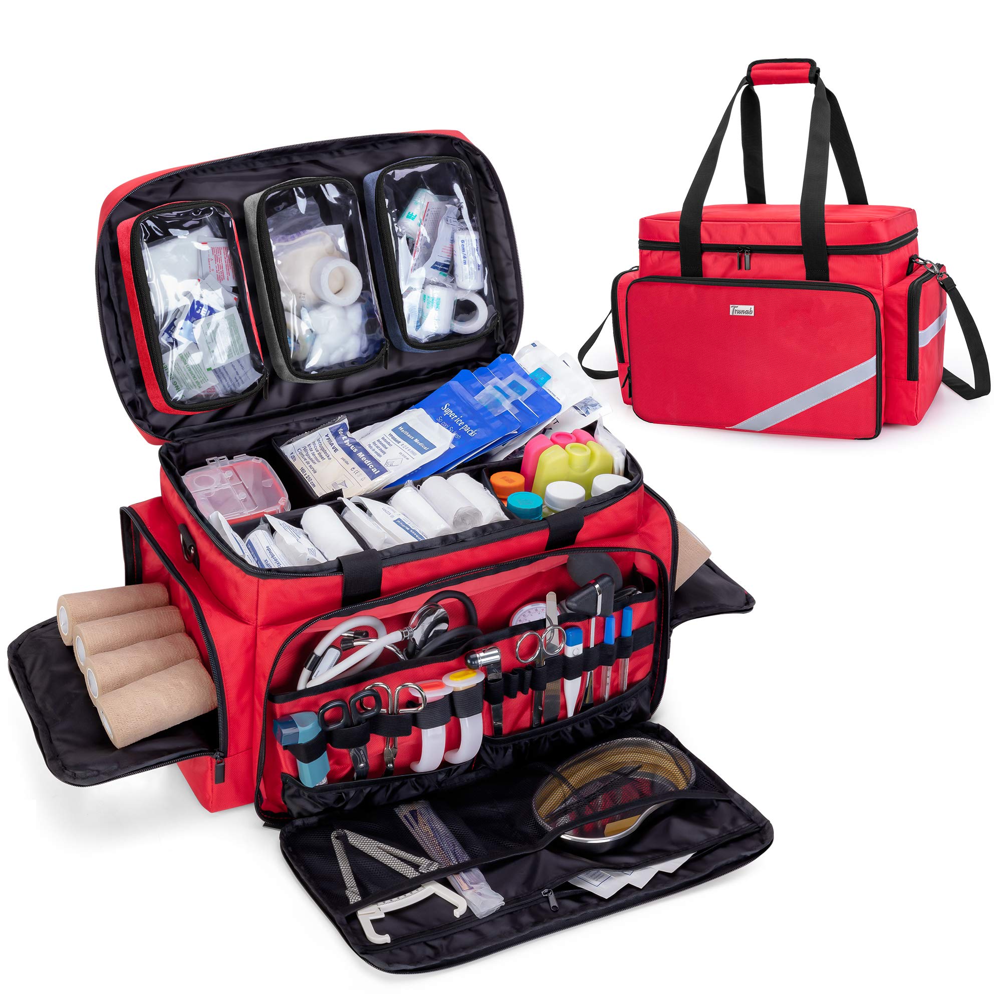 Trunab First Aid Bag Empty, Professional Medical Bag Emergency Responder Trauma Bag with Inner Dividers and Anti-Slip Bottom, Id