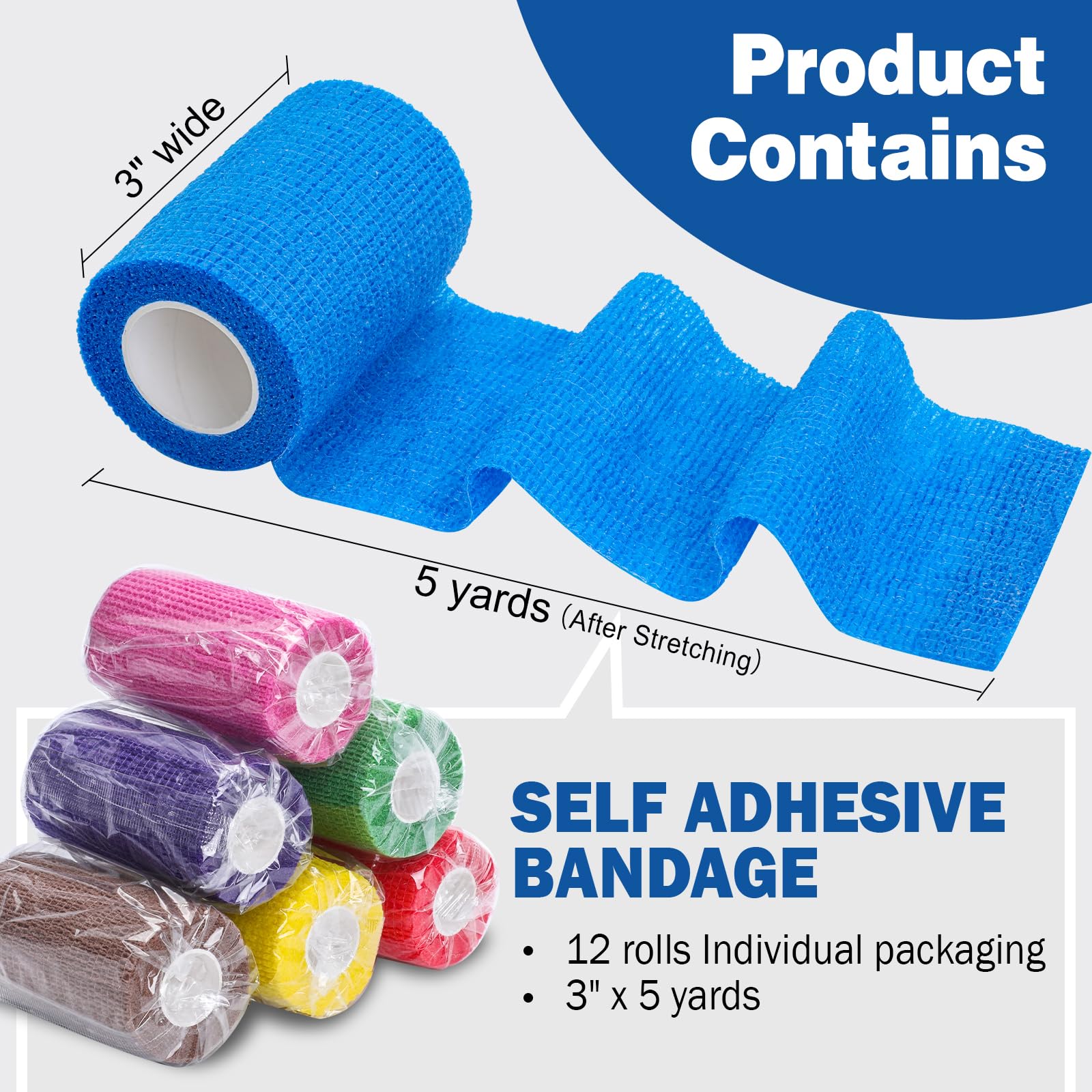 AZEN 12 Pack Self Adhesive Bandage Wrap, 3 X 5 Yards Elastic Cohesive Bandage Wrap, Vet Wrap, Ankle Tape, Tattoo Grip Tape Wrap,