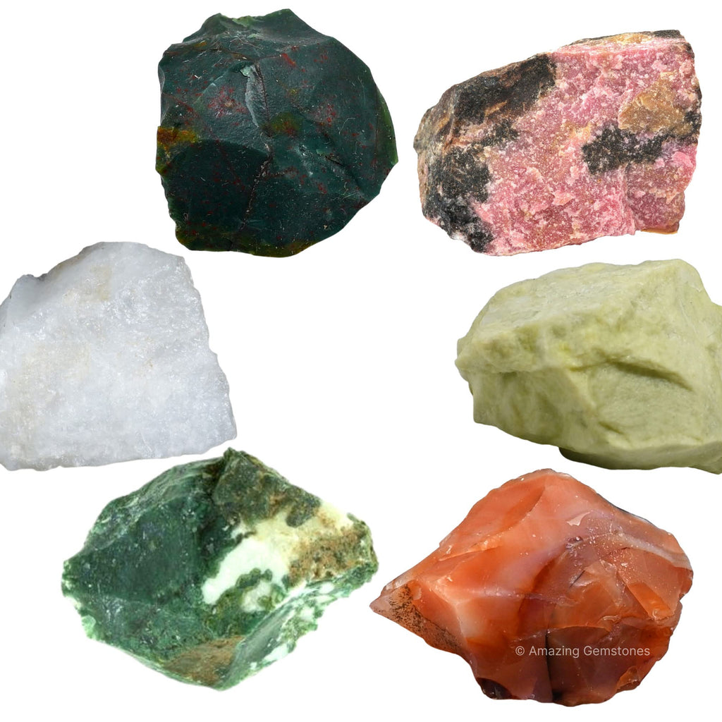 Crystal for Immunity Manifestation, Set of 6 Blood Stone, Rhodonite, Serpentine, Snow Quartz, Carnelian and Moss Agate Healing C