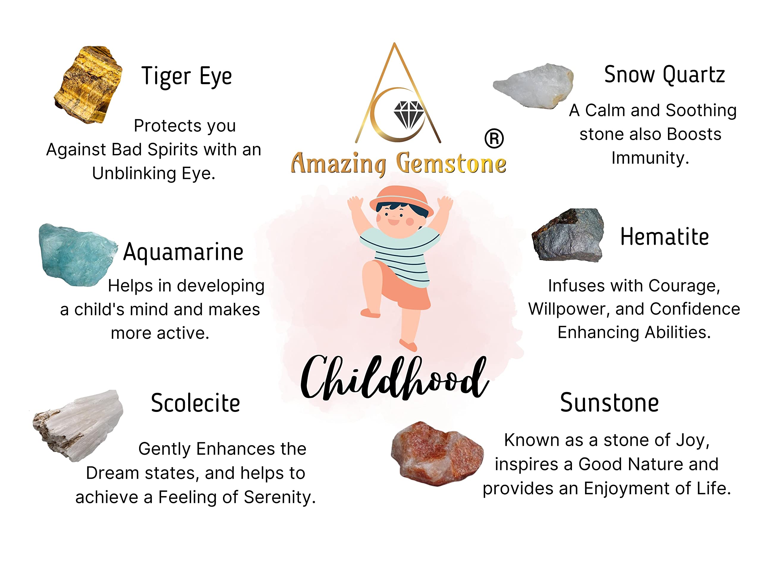 Crystals for Children, Set of 6 Tiger Eye, Aquamarine, Snow Quartz, Hematite, Scolecite and Sunstone Healing Crystals and Stones