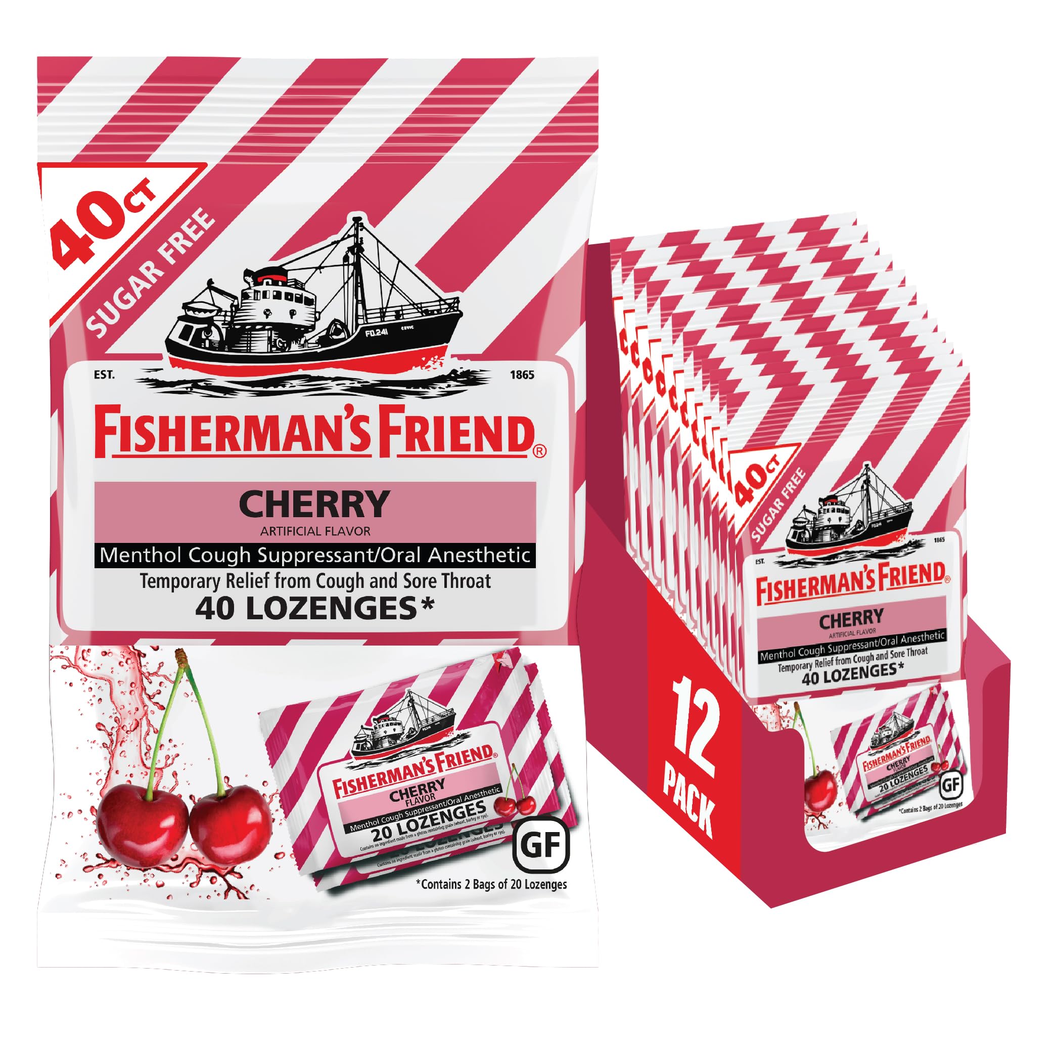 Fishermans Friend Cough Drops, Cough Suppressant and Sore Throat Lozenges, Sugar Free Cherry, 6.9mg Menthol, 480 Drops (12 Pack