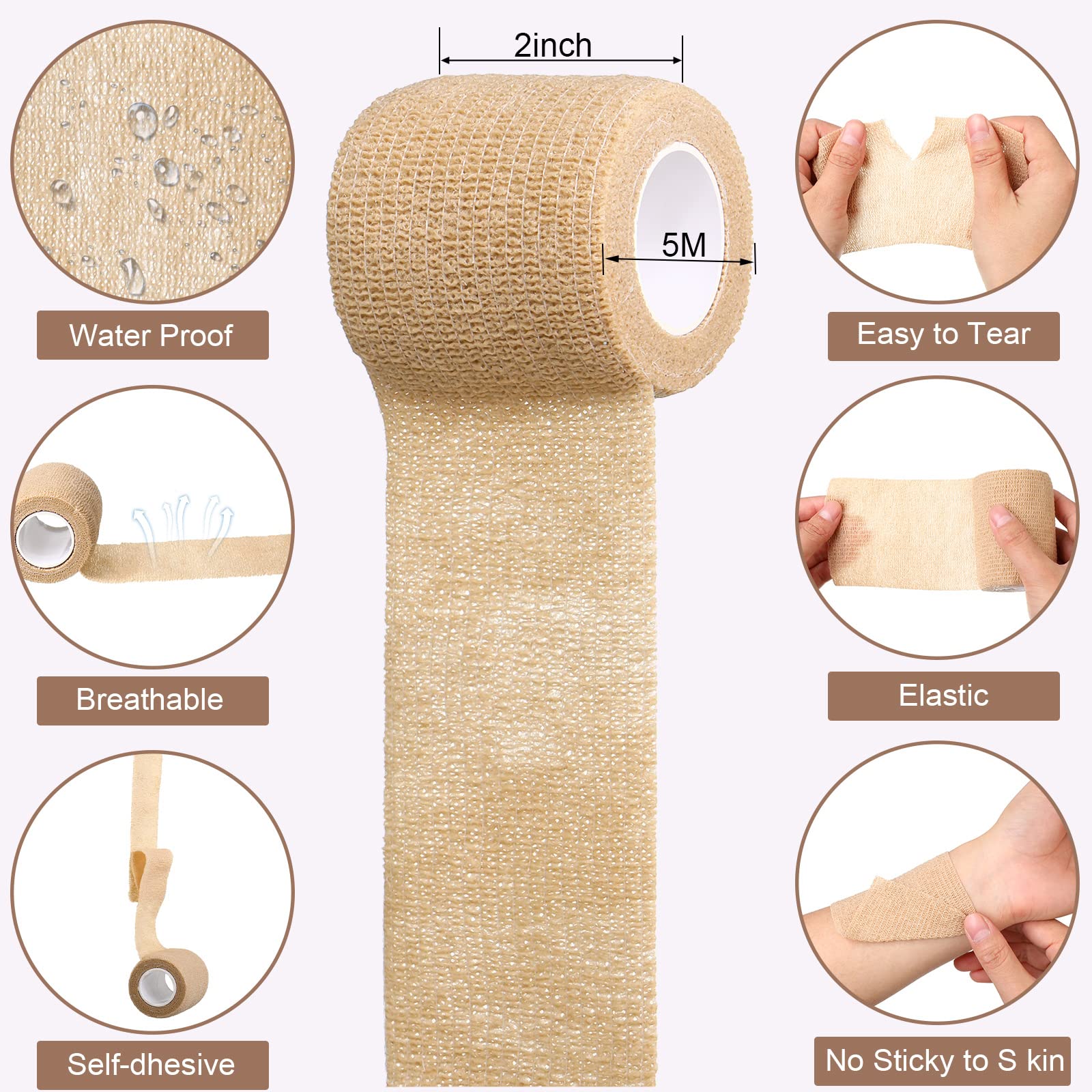 Treela 64 Pack Self Adherent Cohesive Wrap Bandages 2 Inch x 5 Yard Breathable Athletic Tape Self Adhesive Bandage Tape Elastic