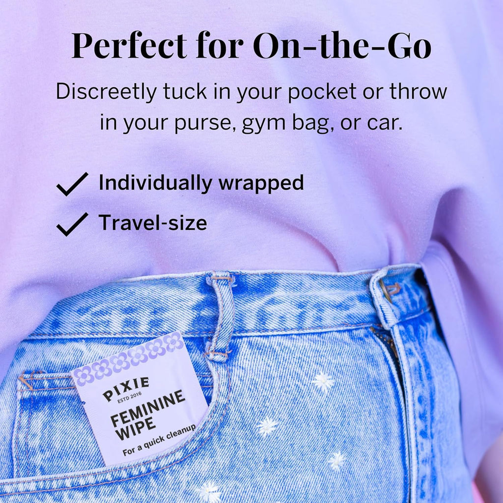 Pixie Feminine Wipes - Flushable, Biodegradable, & Ph Balanced - Best Individually Wrapped Packet Wipes for On The Go & Public B