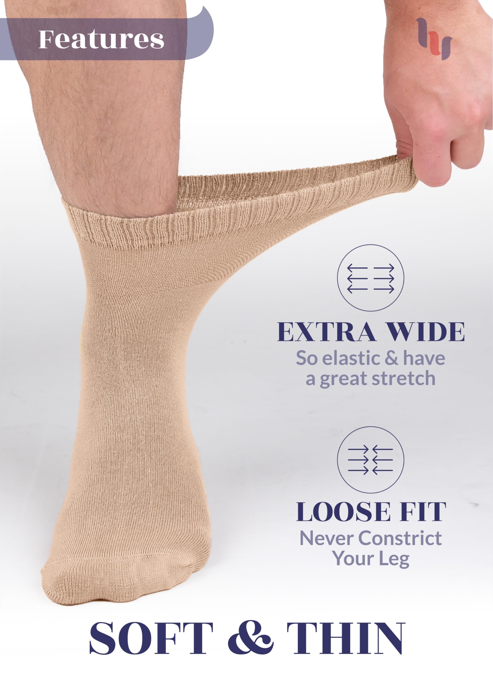 Hugh Ugoli Diabetic Socks for Men, Loose Ankle Socks Bamboo, Extra-Wide, Thin, Seamless Toe and Non-Binding Top, 4 Pairs, Beige,