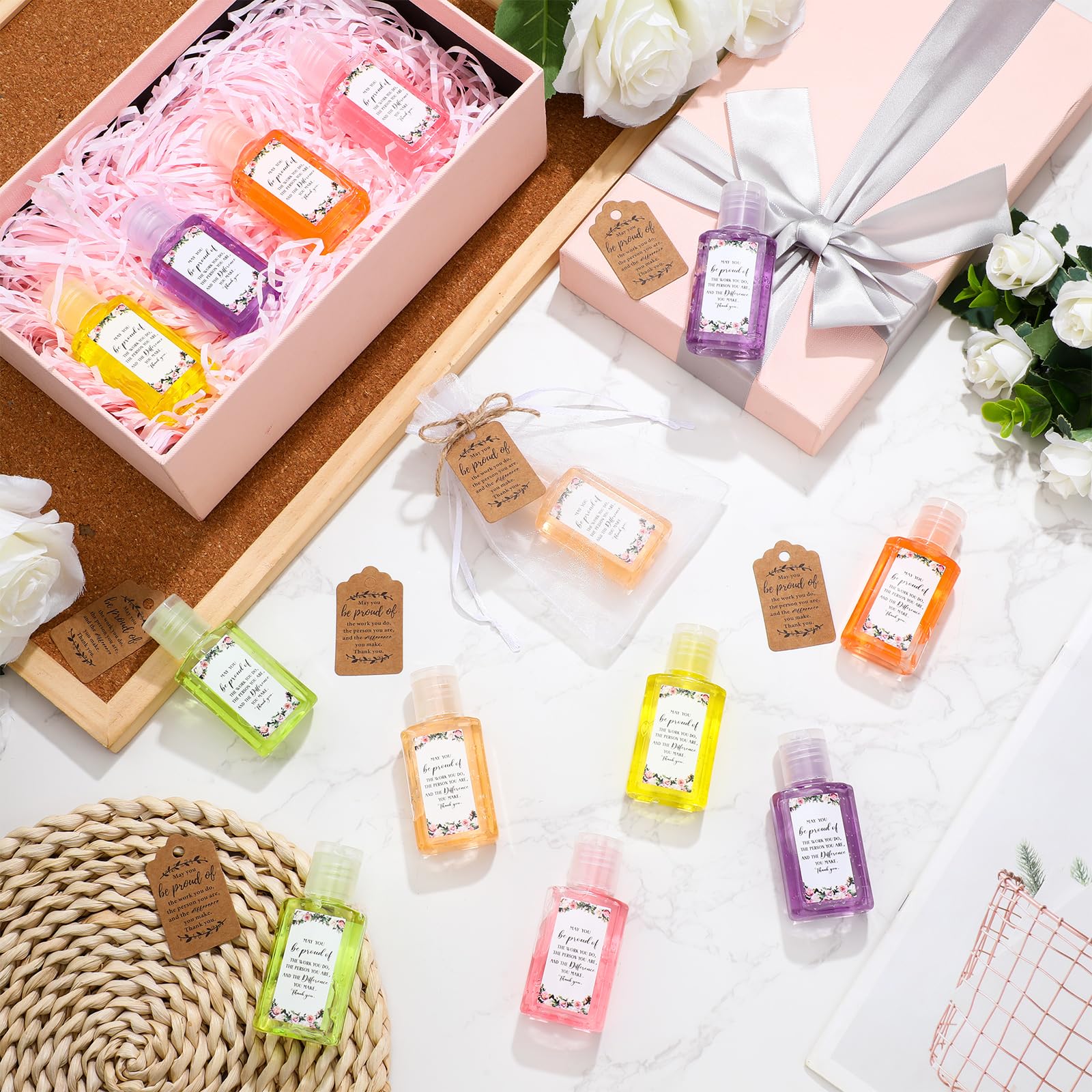 Frienda 24 Sets Thank You Hand Sanitizer Gift Set Graduation Gifts Mini Travel Size Hand Sanitizers with Organza Bags Tags for M