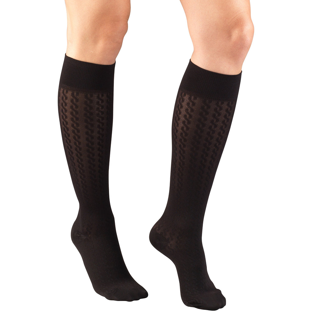 Truform Compression Socks, 15-20 mmHg, Women's Dress Socks, Knee High Over Calf Length, Black Cable Knit, Large