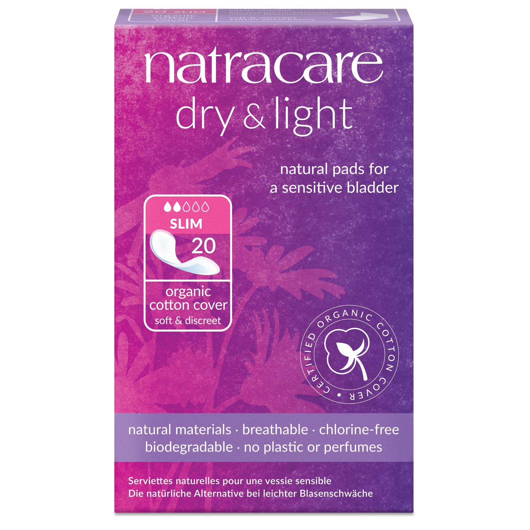 Natracare Dry & Light, Slim, Natural and Absorbent Pads with Organic Cotton Cover for Light Urinary Incontinence (1 Pack, 20 Pad