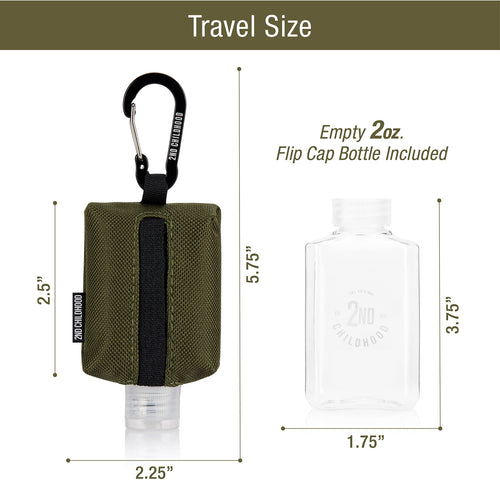 2nd Childhood Hand Sanitizer Holder Bag; Travel Size Empty 2 oz Refillable Bottle; Carabiner Clips on to Backpack or Purse