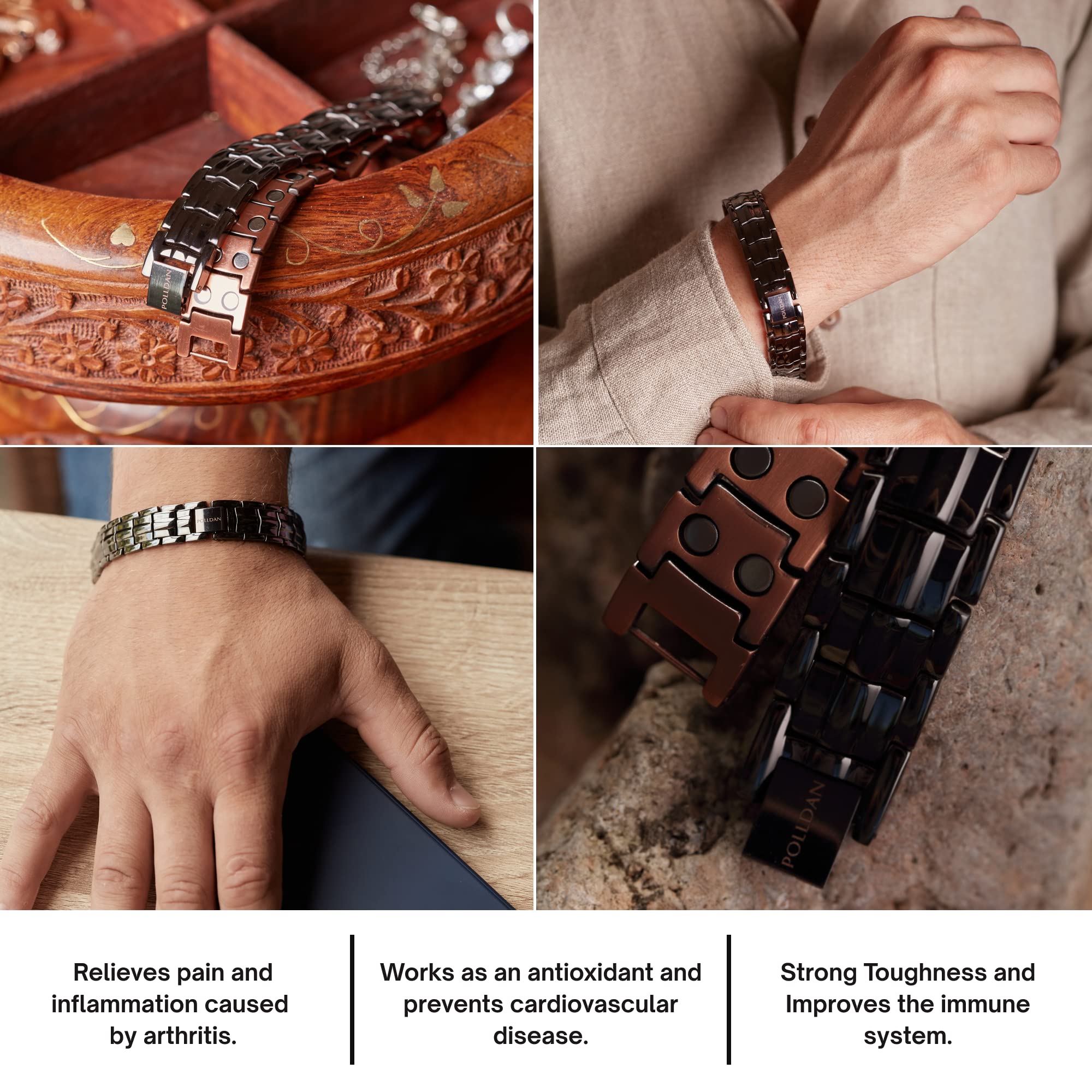 POLLDAN Copper Bracelet 6200 Gauss Power | Mens Bracelet 99.99% Pure Copper | Magnetic Bracelets for Men with Adjustable Fit & S