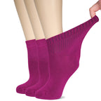 Hugh Ugoli Women's Bamboo Ankle Loose Fit Diabetic Socks, Soft, Seamless Toe, Wide Stretchy, Non-Binding Top, 3 Pairs, Fuchsia, 