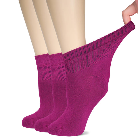 Hugh Ugoli Women's Bamboo Ankle Loose Fit Diabetic Socks, Soft, Seamless Toe, Wide Stretchy, Non-Binding Top, 3 Pairs, Fuchsia, 