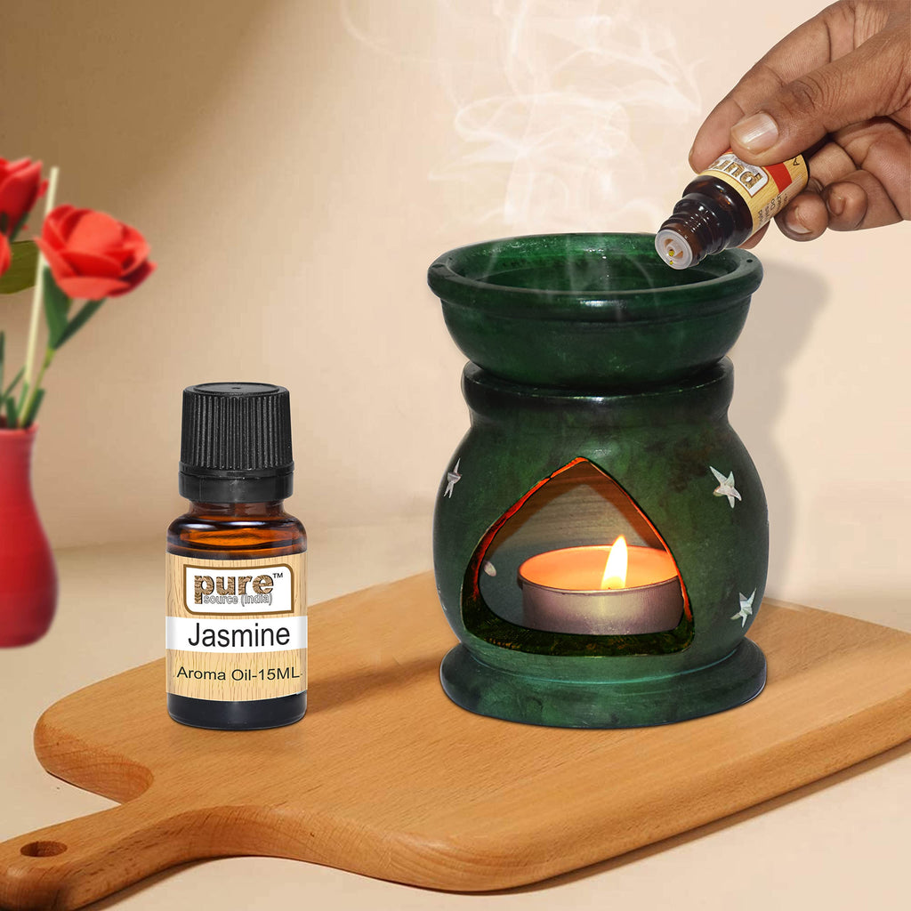 Pure Source India Handcrafted Soapstone Aroma Burner Oil Diffuser and 1 Tea Light Candle (Green)