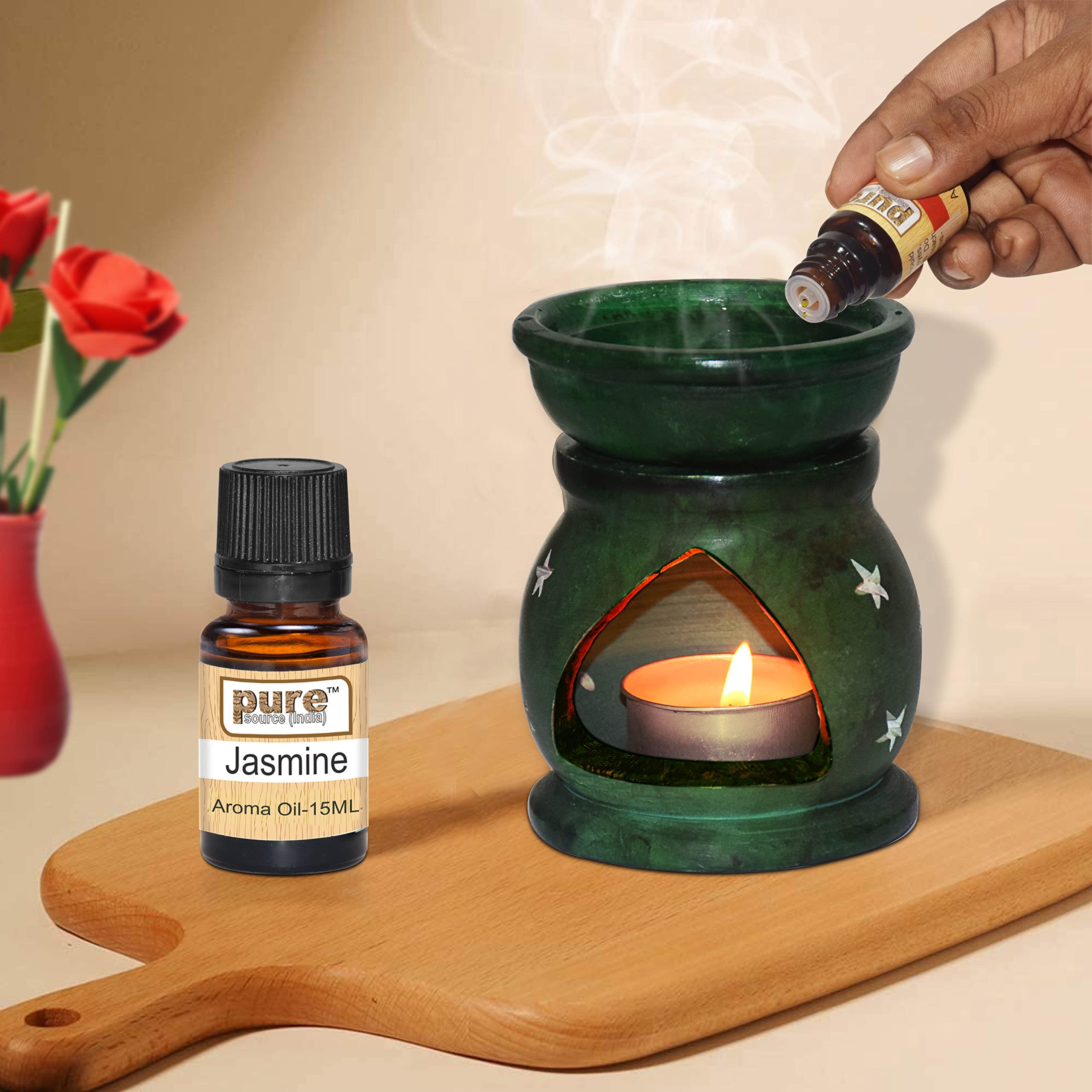 Pure Source India Handcrafted Soapstone Aroma Burner Oil Diffuser and 1 Tea Light Candle (Green)