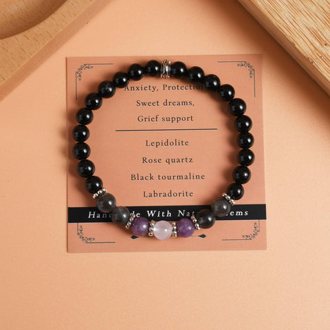 Gracayfr Anxiety Relief Bracelet Protection Black Tourmaline Labradorite Lepidolite Rose Quartz Healing Crystal Grief Support Gi