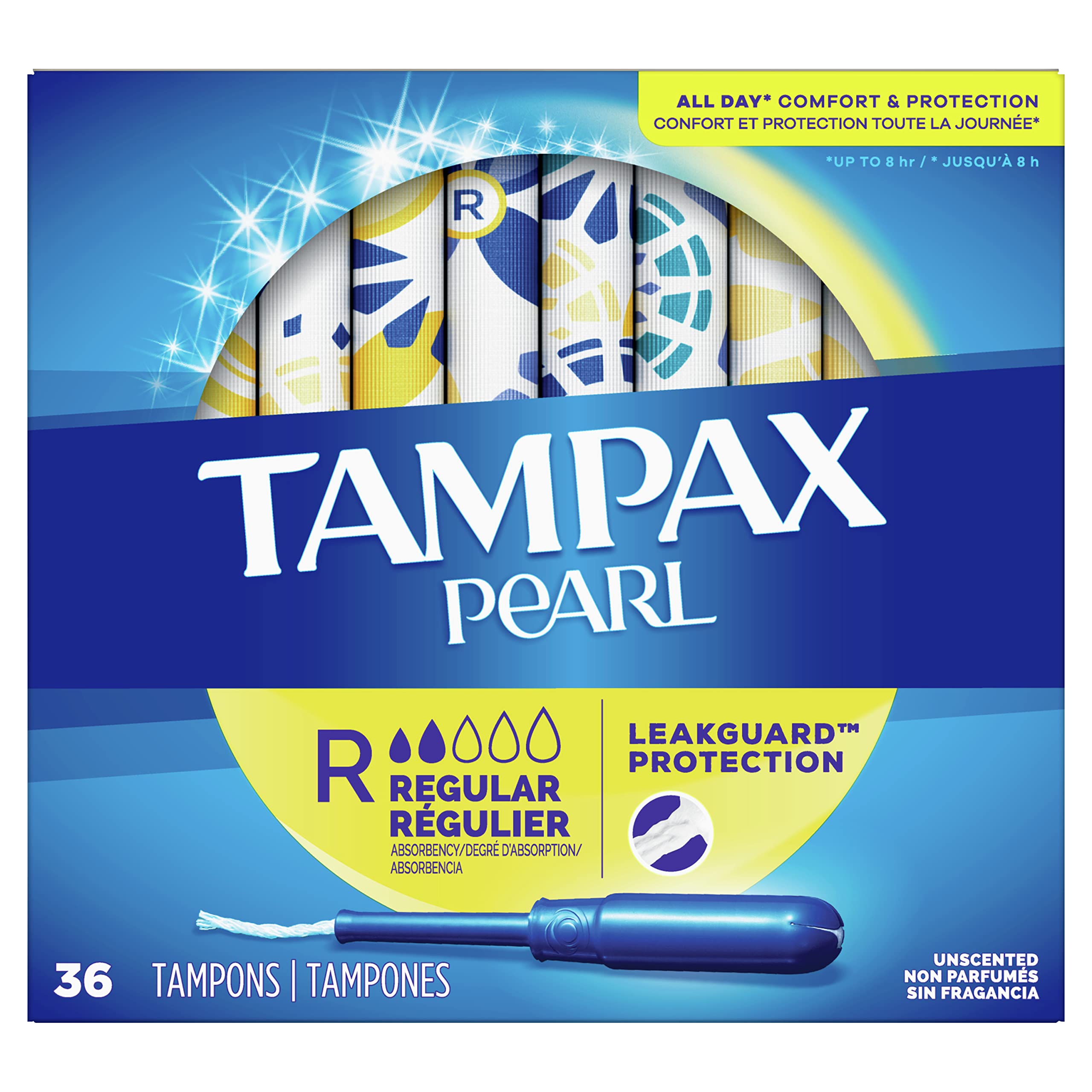 Tampax Pearl Tampons with Plastic Applicator, Regular Absorbency, Unscented, 36 Count